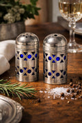 Vintage Silver Plated Salt & Pepper Shakers  Apex England Cobalt Blue Geometric Design
