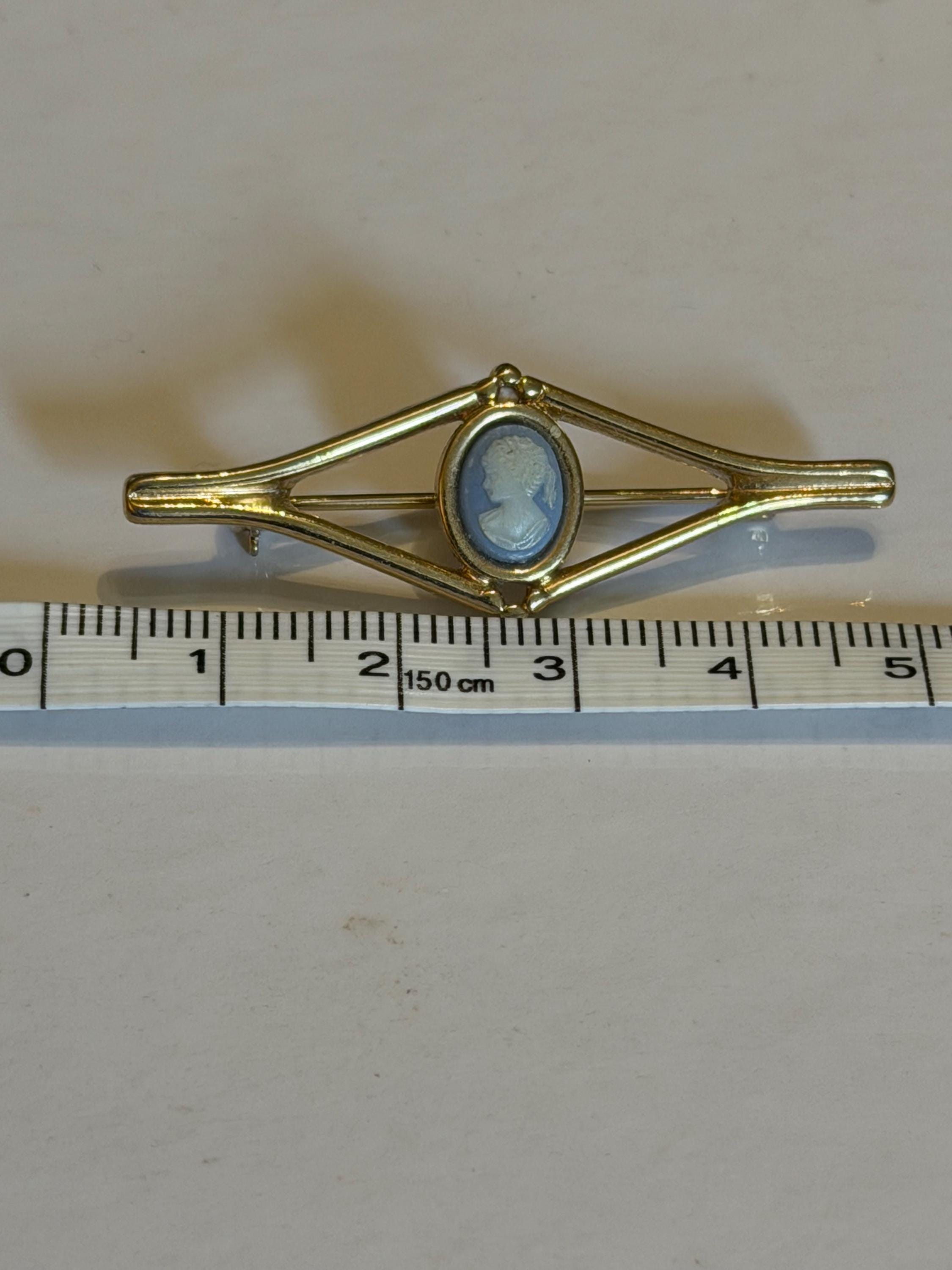 Vintage Cameo Style Brooch  Blue & White Classical Portrait Bar Brooch, Gold Tone Setting