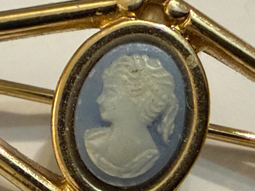 Vintage Cameo Style Brooch  Blue & White Classical Portrait Bar Brooch, Gold Tone Setting