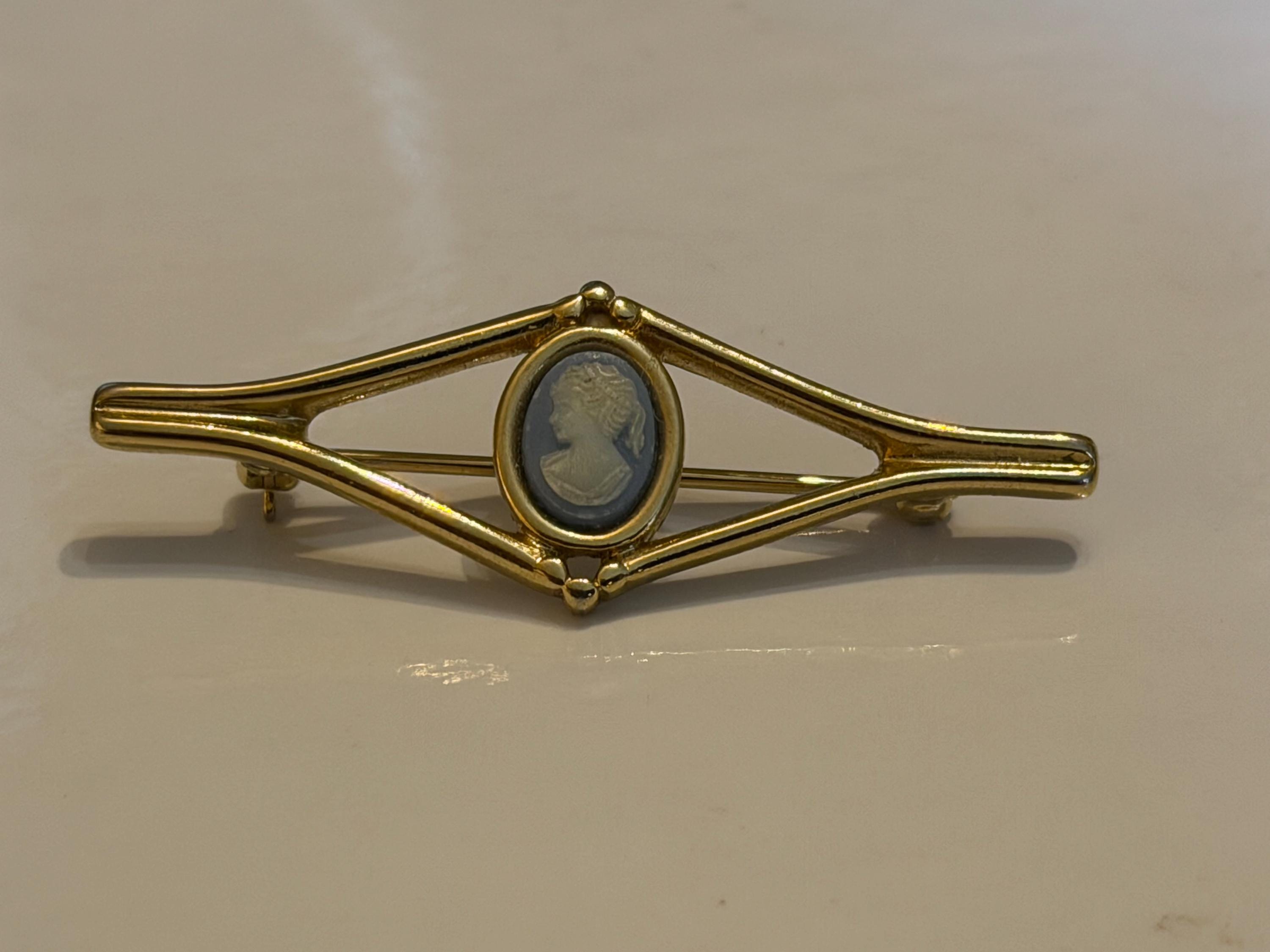 Vintage Cameo Style Brooch  Blue & White Classical Portrait Bar Brooch, Gold Tone Setting