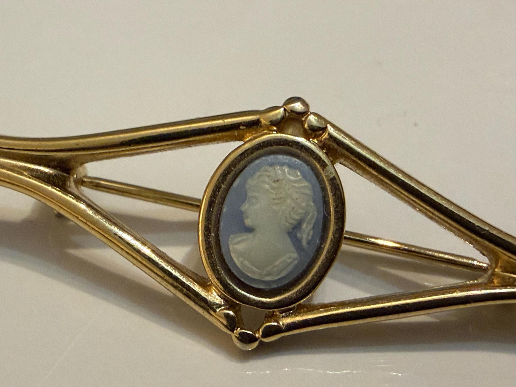 Vintage Cameo Style Brooch  Blue & White Classical Portrait Bar Brooch, Gold Tone Setting