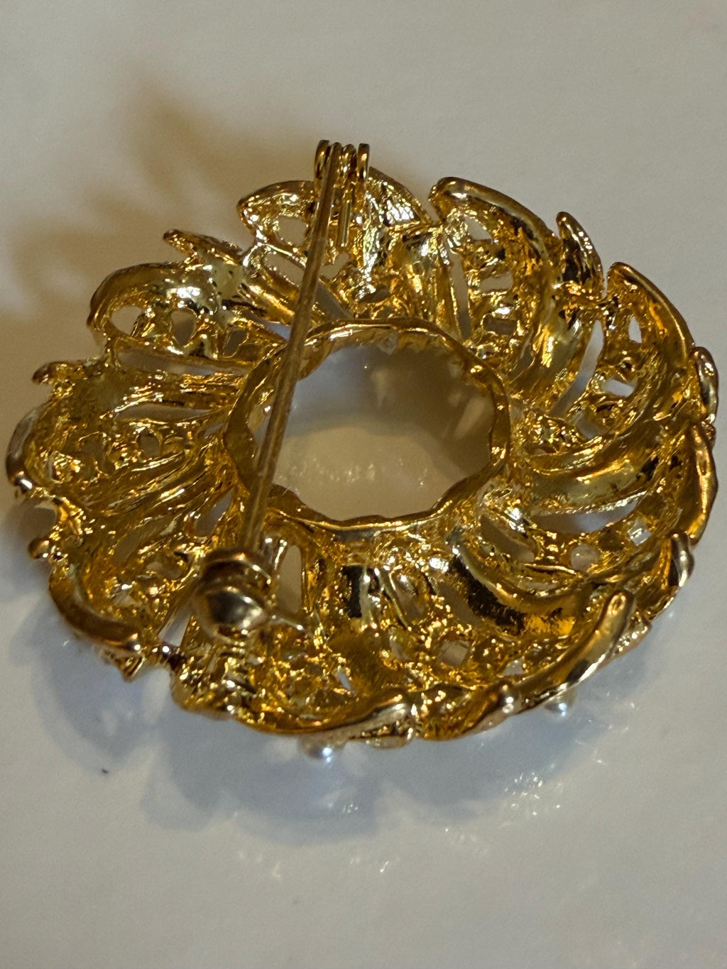 Vintage Gold Tone Wreath Brooch  Faux Pearl Leaf Pin, Costume Jewelry