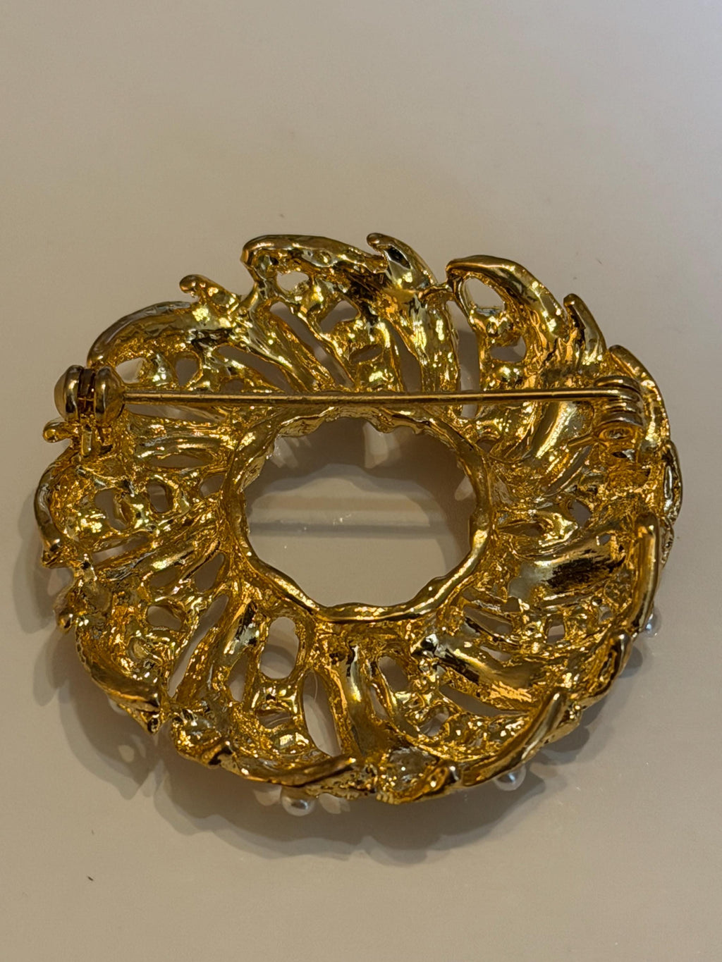 Vintage Gold Tone Wreath Brooch  Faux Pearl Leaf Pin, Costume Jewelry