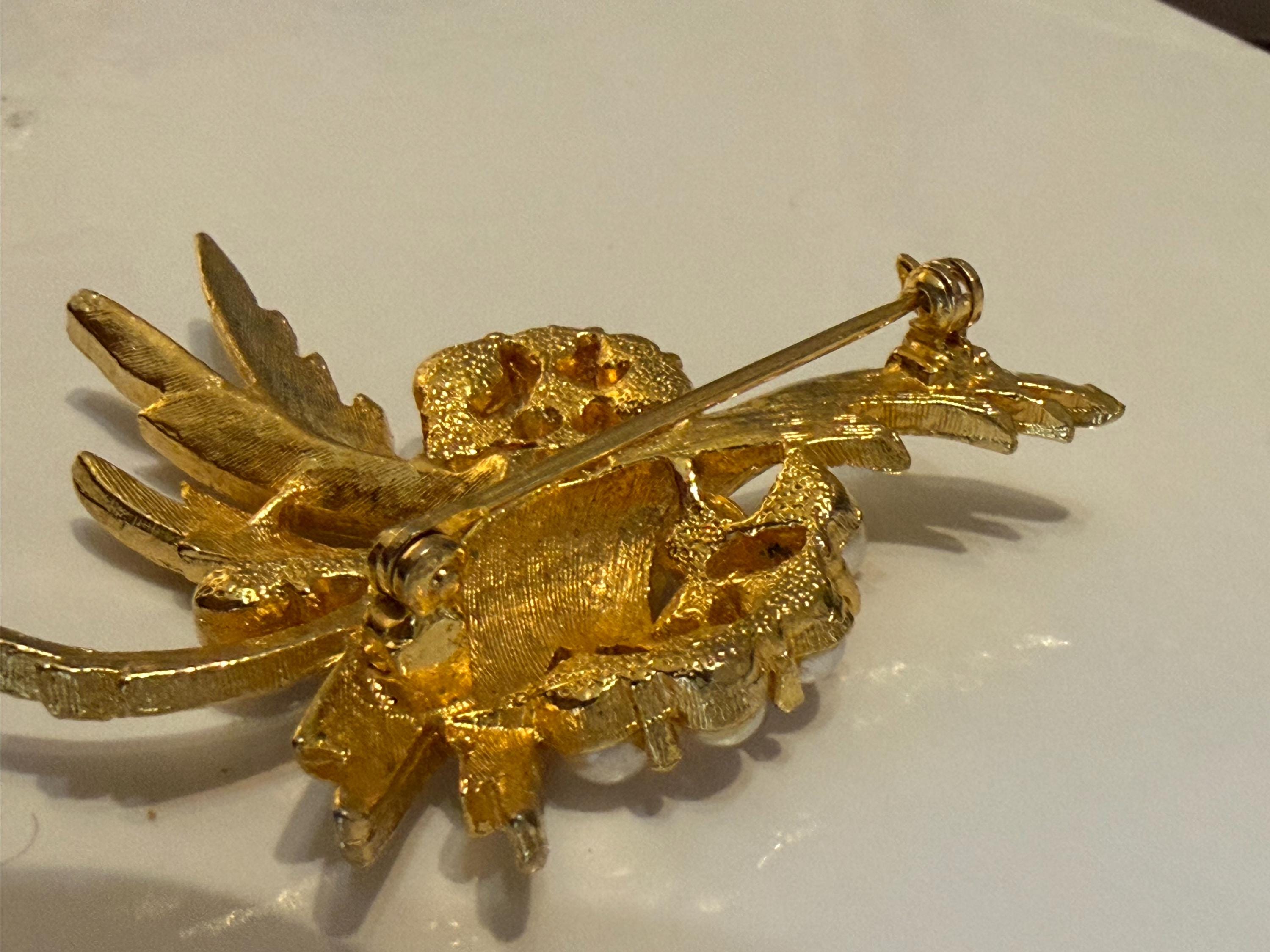 Vintage Gold Tone Leaf Brooch  Faux Pearl Botanical Spray Pin