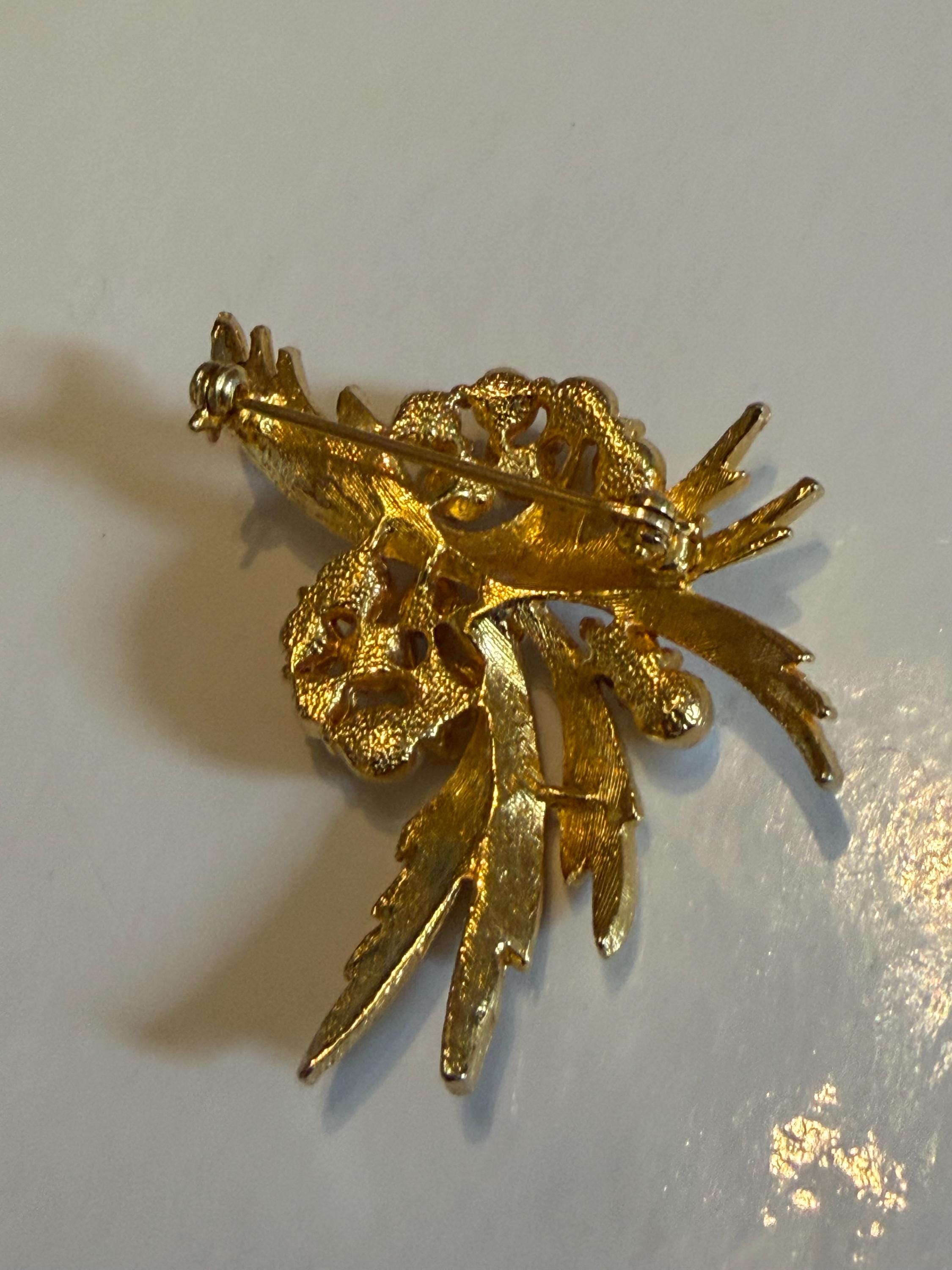Vintage Gold Tone Leaf Brooch  Faux Pearl Botanical Spray Pin