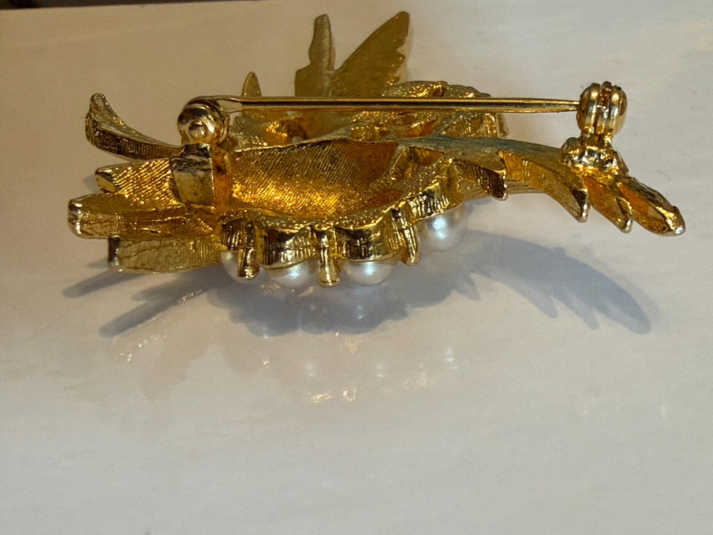 Vintage Gold Tone Leaf Brooch  Faux Pearl Botanical Spray Pin