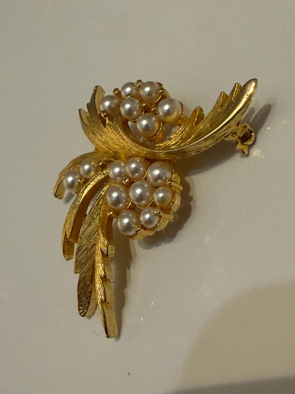 Vintage Gold Tone Leaf Brooch  Faux Pearl Botanical Spray Pin