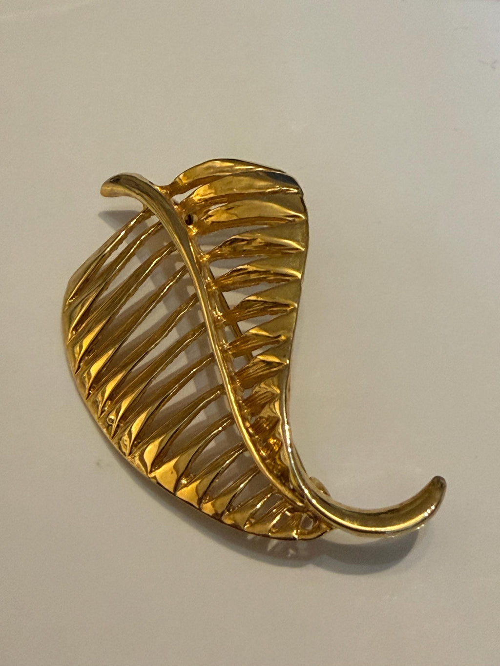 Vintage Gold Tone Openwork Leaf Brooch  Large Botanical Statement Pin, Textured Vein Design