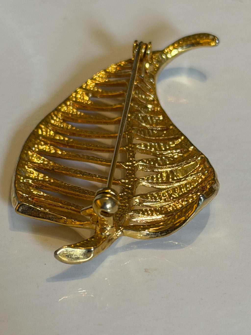 Vintage Gold Tone Openwork Leaf Brooch  Large Botanical Statement Pin, Textured Vein Design