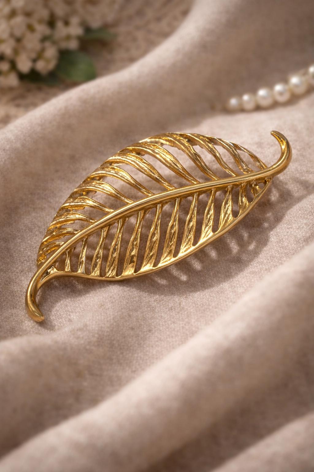 Vintage Gold Tone Openwork Leaf Brooch  Large Botanical Statement Pin, Textured Vein Design