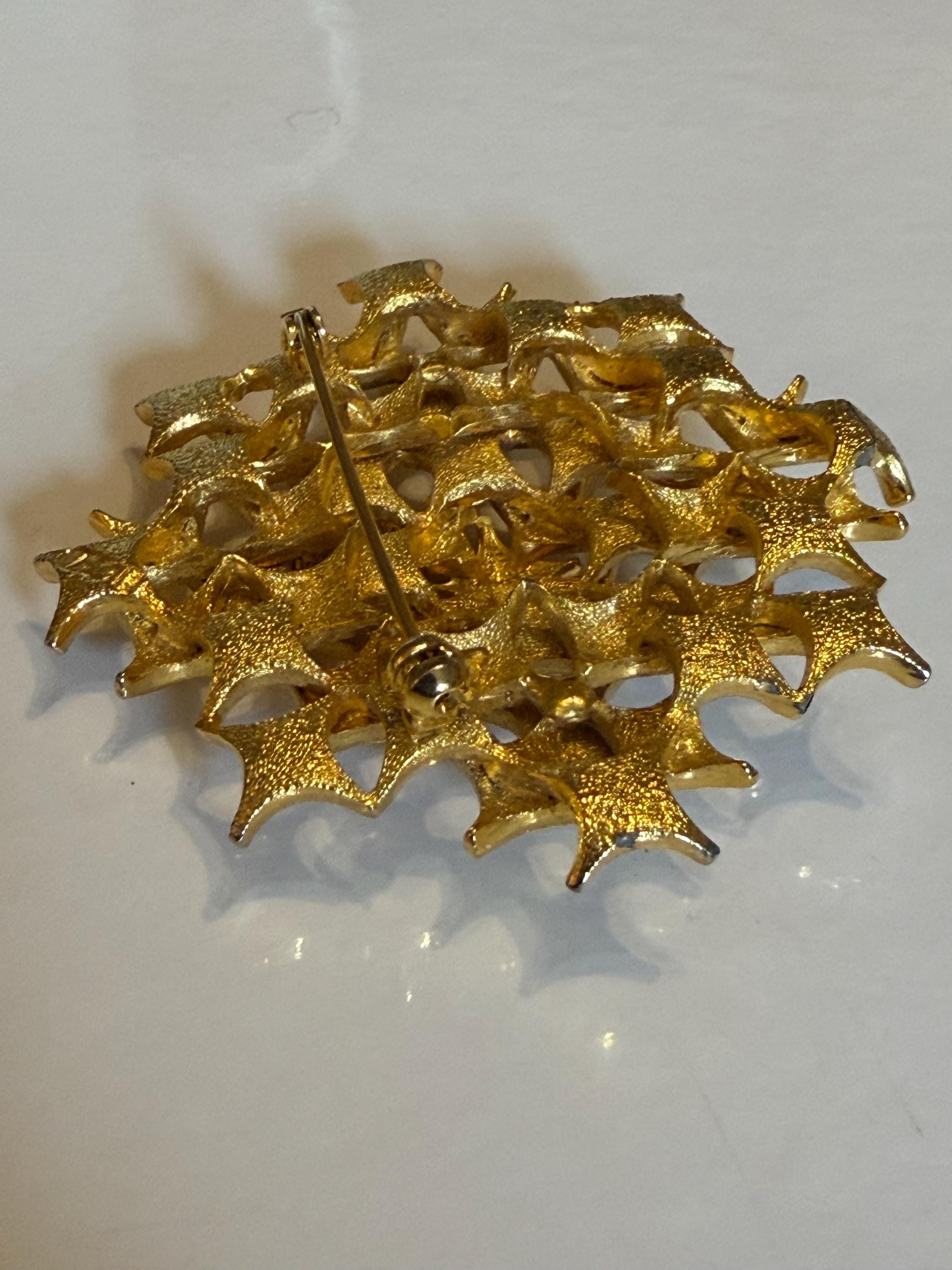 Vintage Gold Tone Starburst Openwork Brooch  Geometric Lattice Statement Pin, Mid Century Costume Jewellery