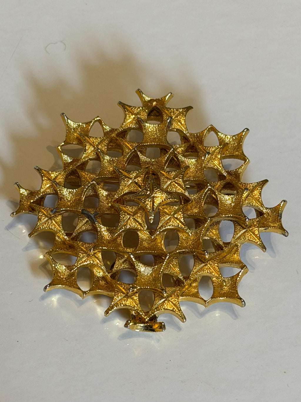 Vintage Gold Tone Starburst Openwork Brooch  Geometric Lattice Statement Pin, Mid Century Costume Jewellery