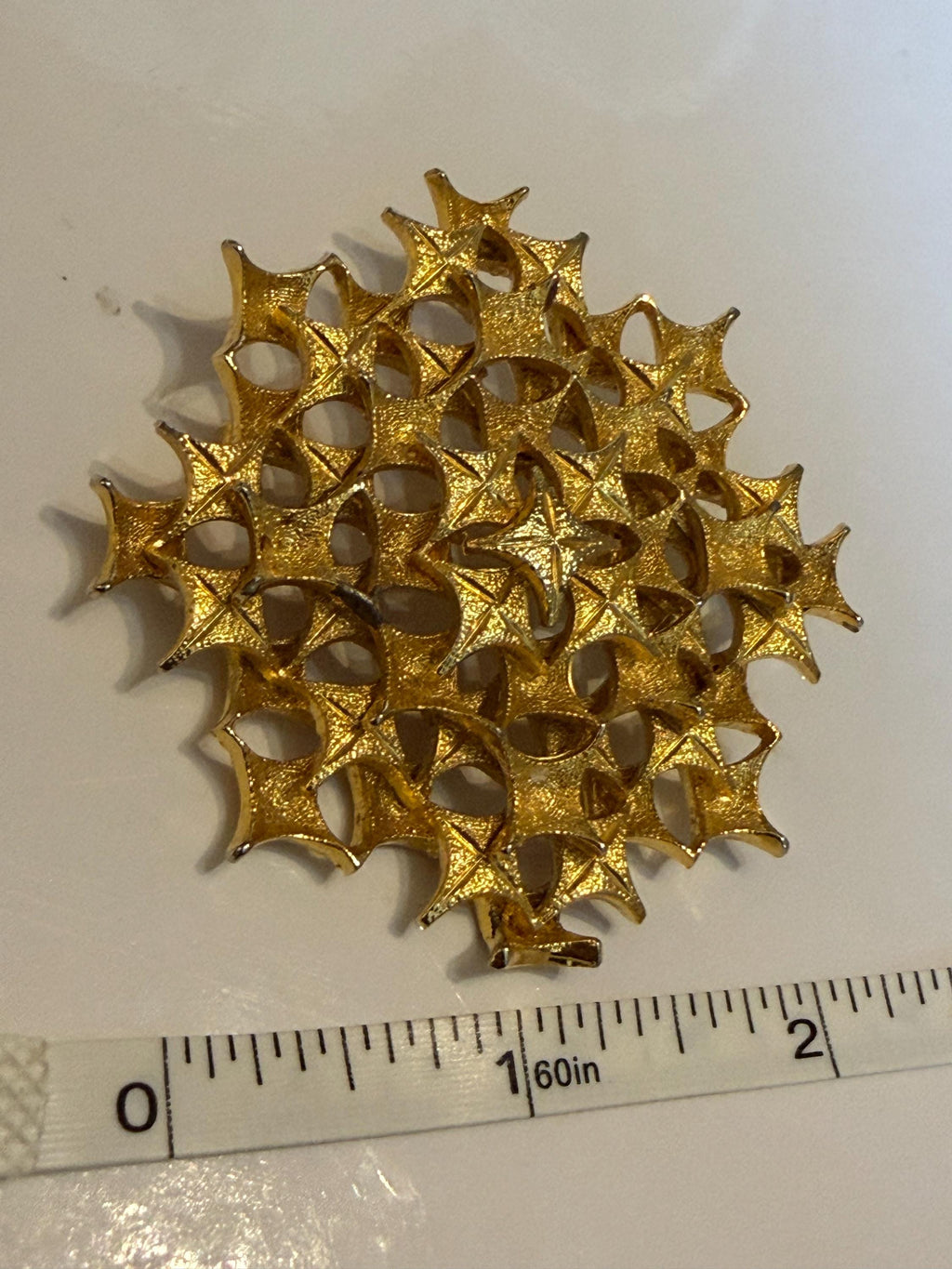 Vintage Gold Tone Starburst Openwork Brooch  Geometric Lattice Statement Pin, Mid Century Costume Jewellery