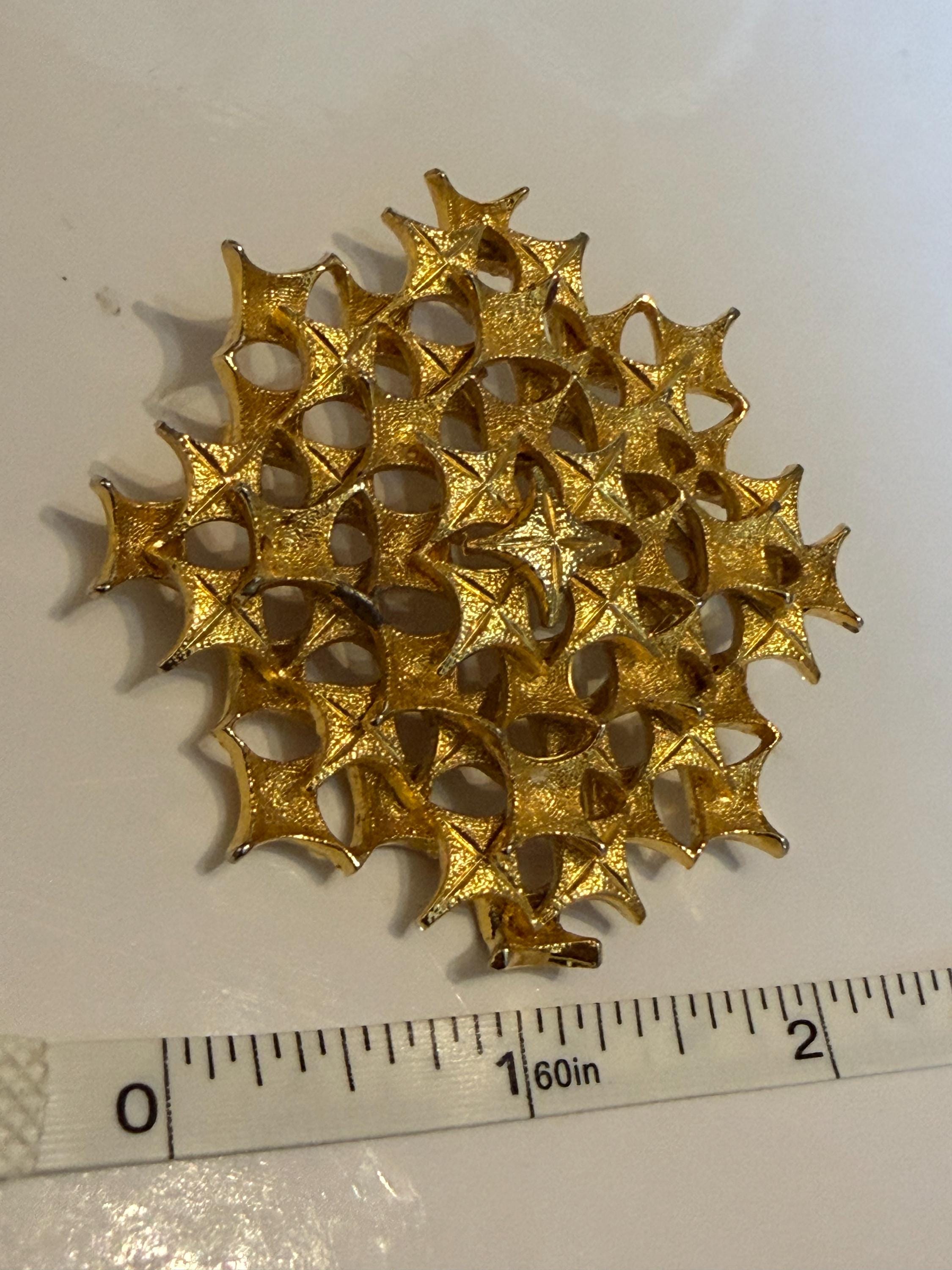 Vintage Gold Tone Starburst Openwork Brooch  Geometric Lattice Statement Pin, Mid Century Costume Jewellery