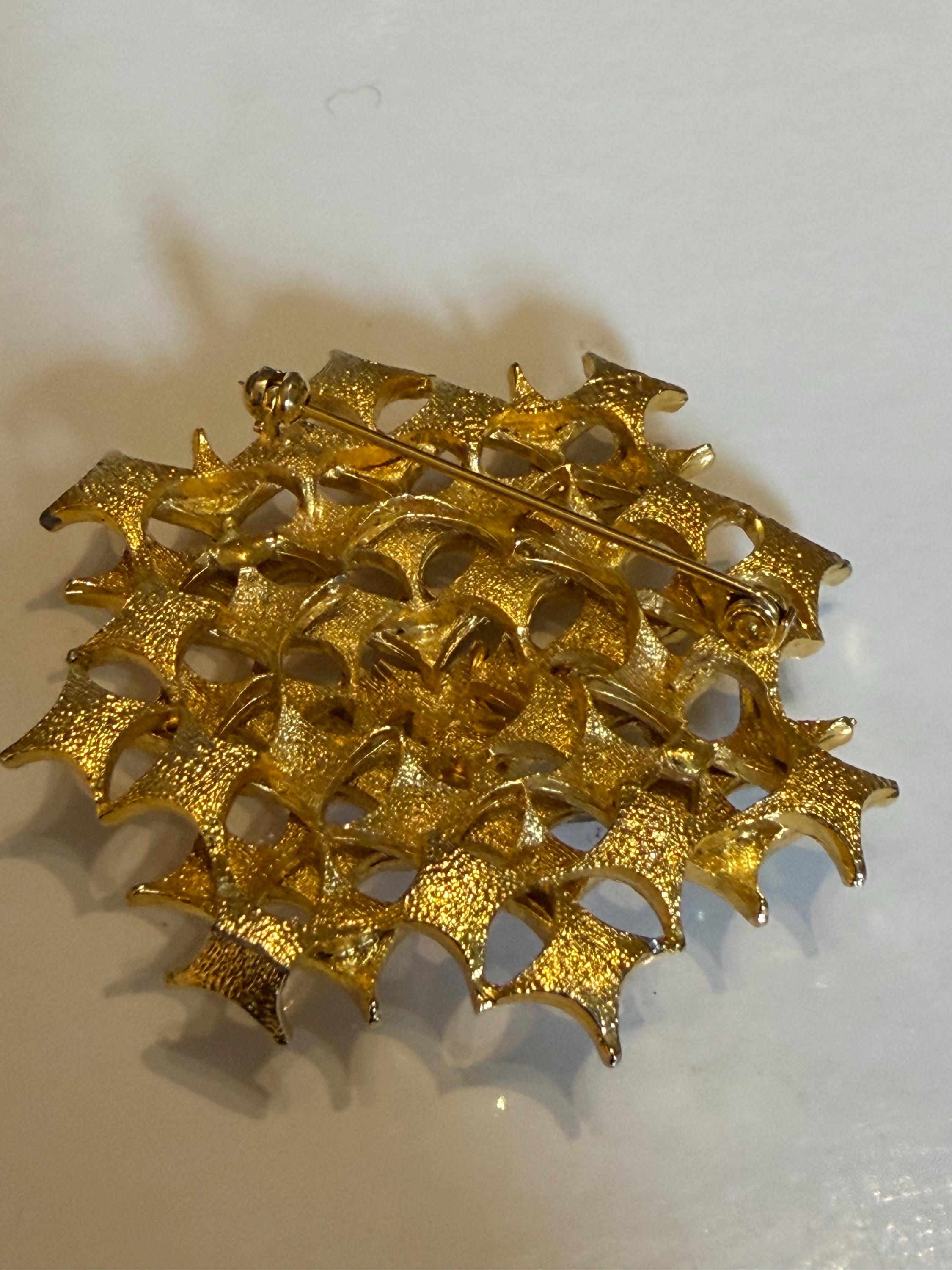 Vintage Gold Tone Starburst Openwork Brooch  Geometric Lattice Statement Pin, Mid Century Costume Jewellery