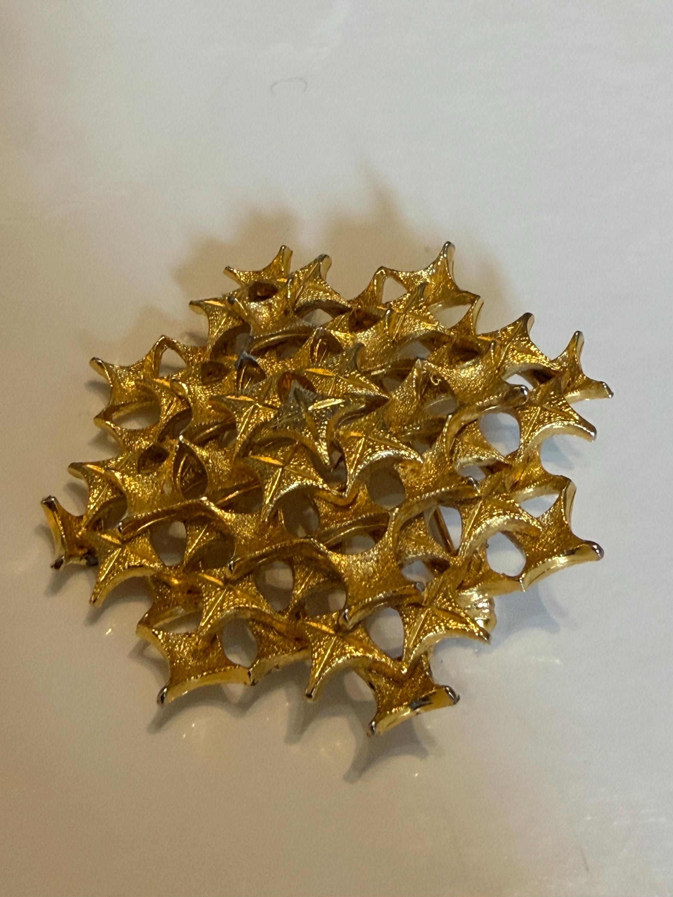 Vintage Gold Tone Starburst Openwork Brooch  Geometric Lattice Statement Pin, Mid Century Costume Jewellery