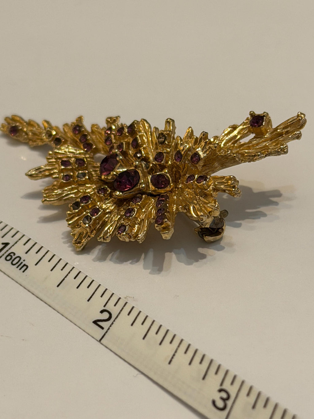 Vintage Gold Tone Starburst Brooch  Purple Rhinestone Floral Pin