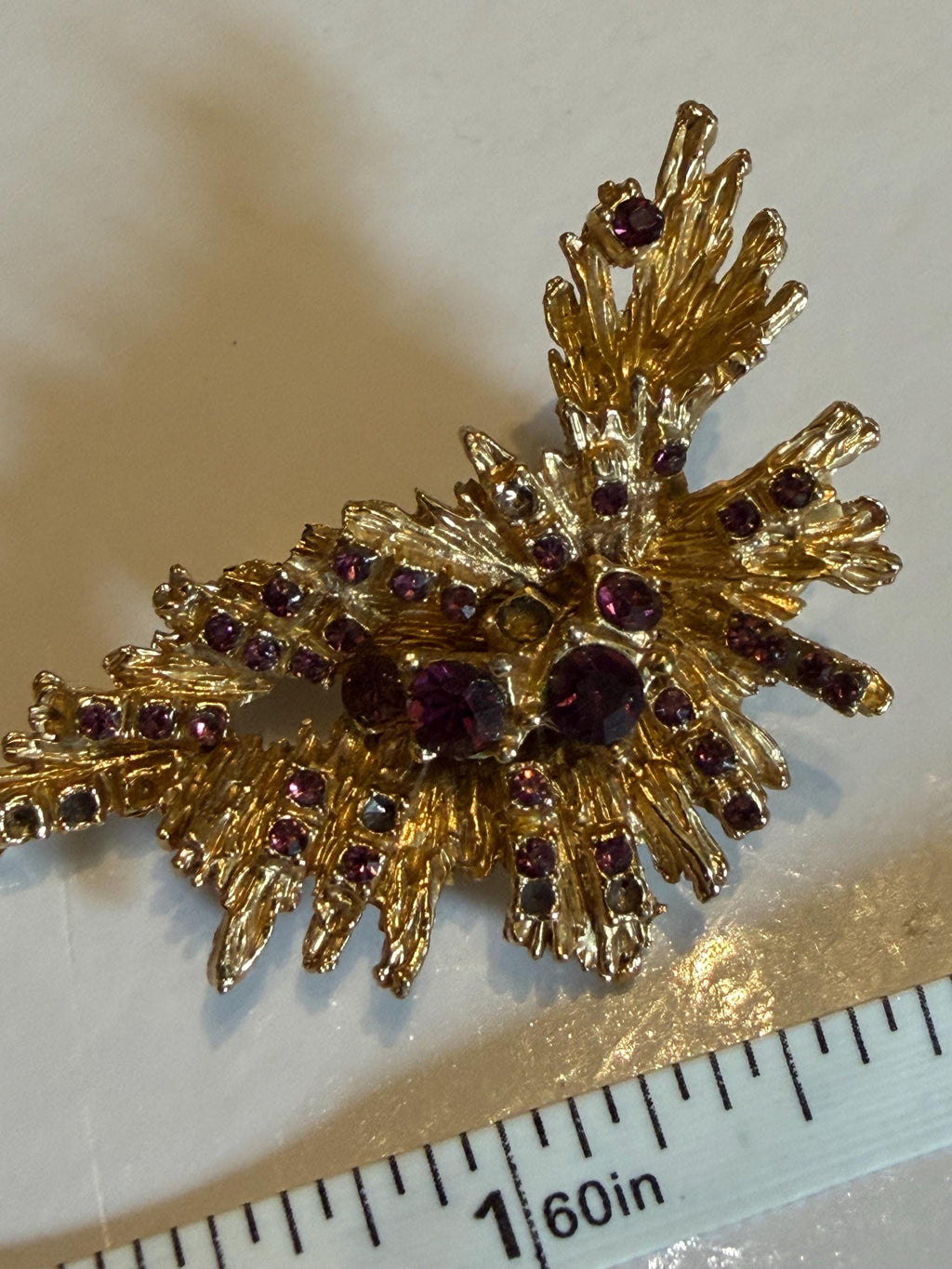 Vintage Gold Tone Starburst Brooch  Purple Rhinestone Floral Pin