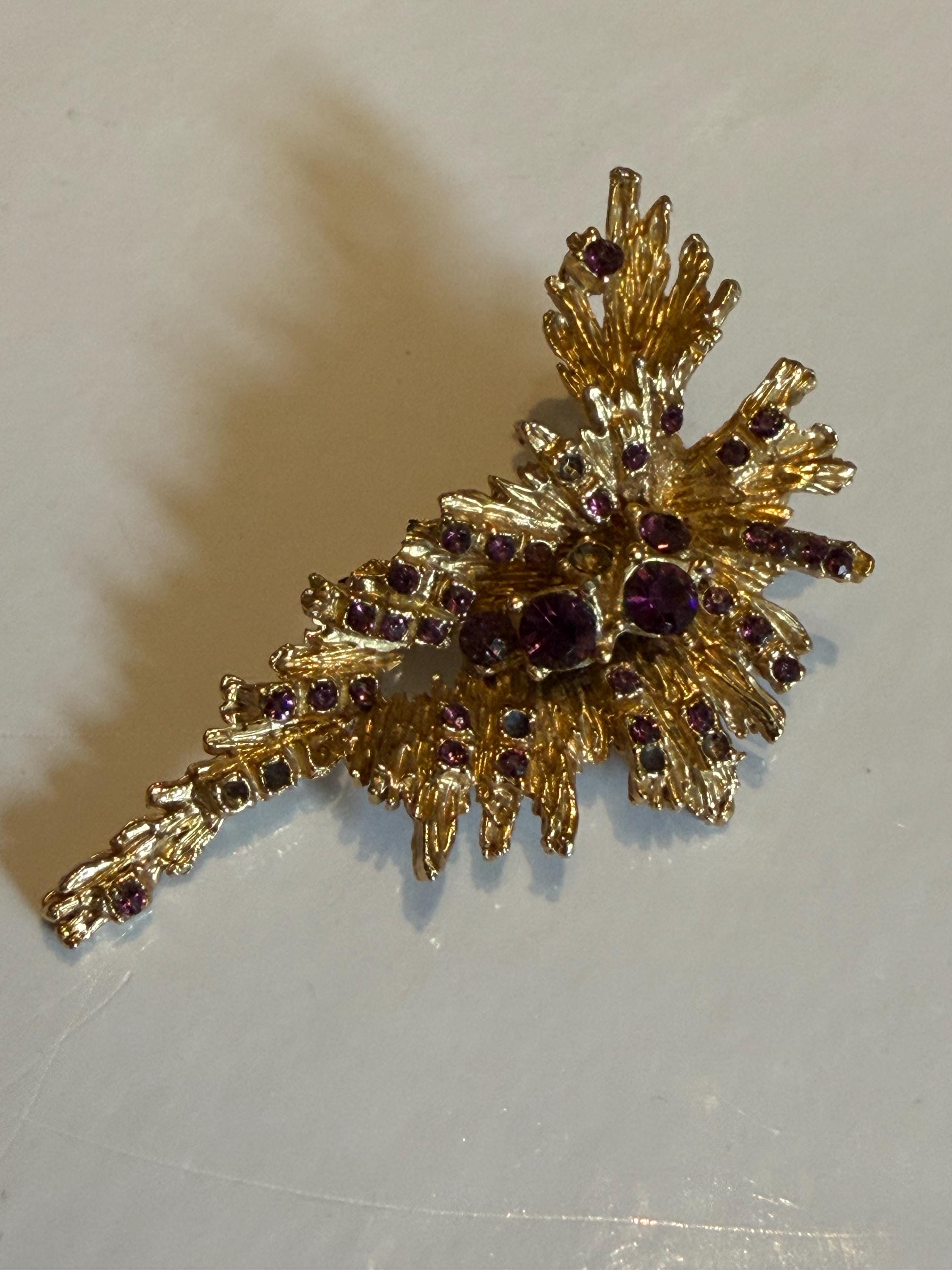 Vintage Gold Tone Starburst Brooch  Purple Rhinestone Floral Pin