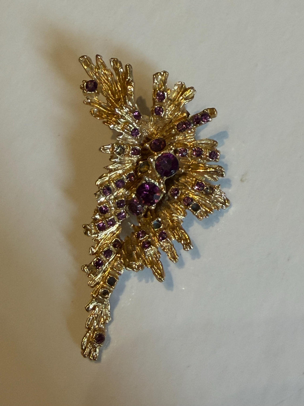 Vintage Gold Tone Starburst Brooch  Purple Rhinestone Floral Pin