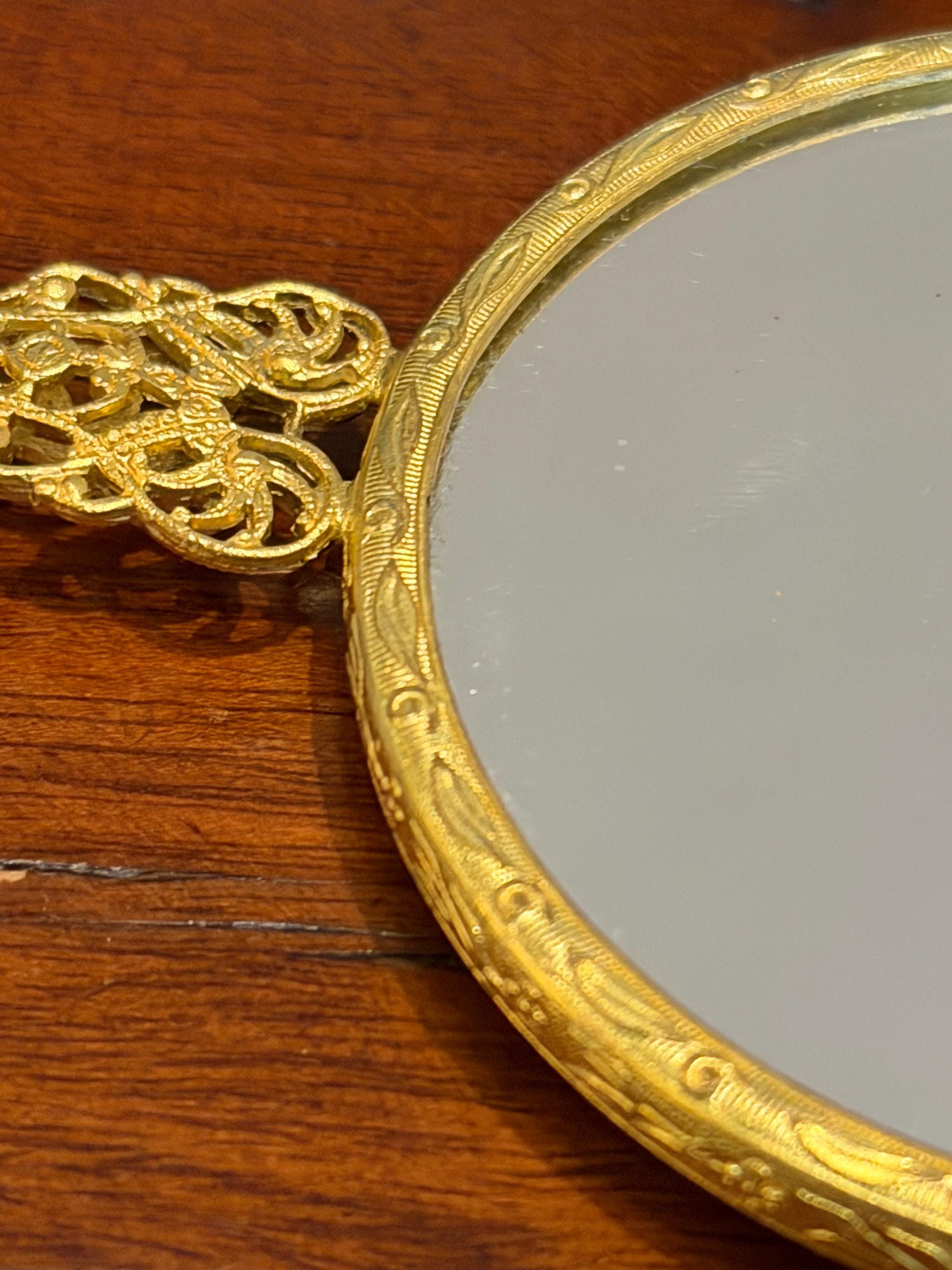 Vintage Gold Tone Hand Mirror  Floral Tapestry, Filigree Handle