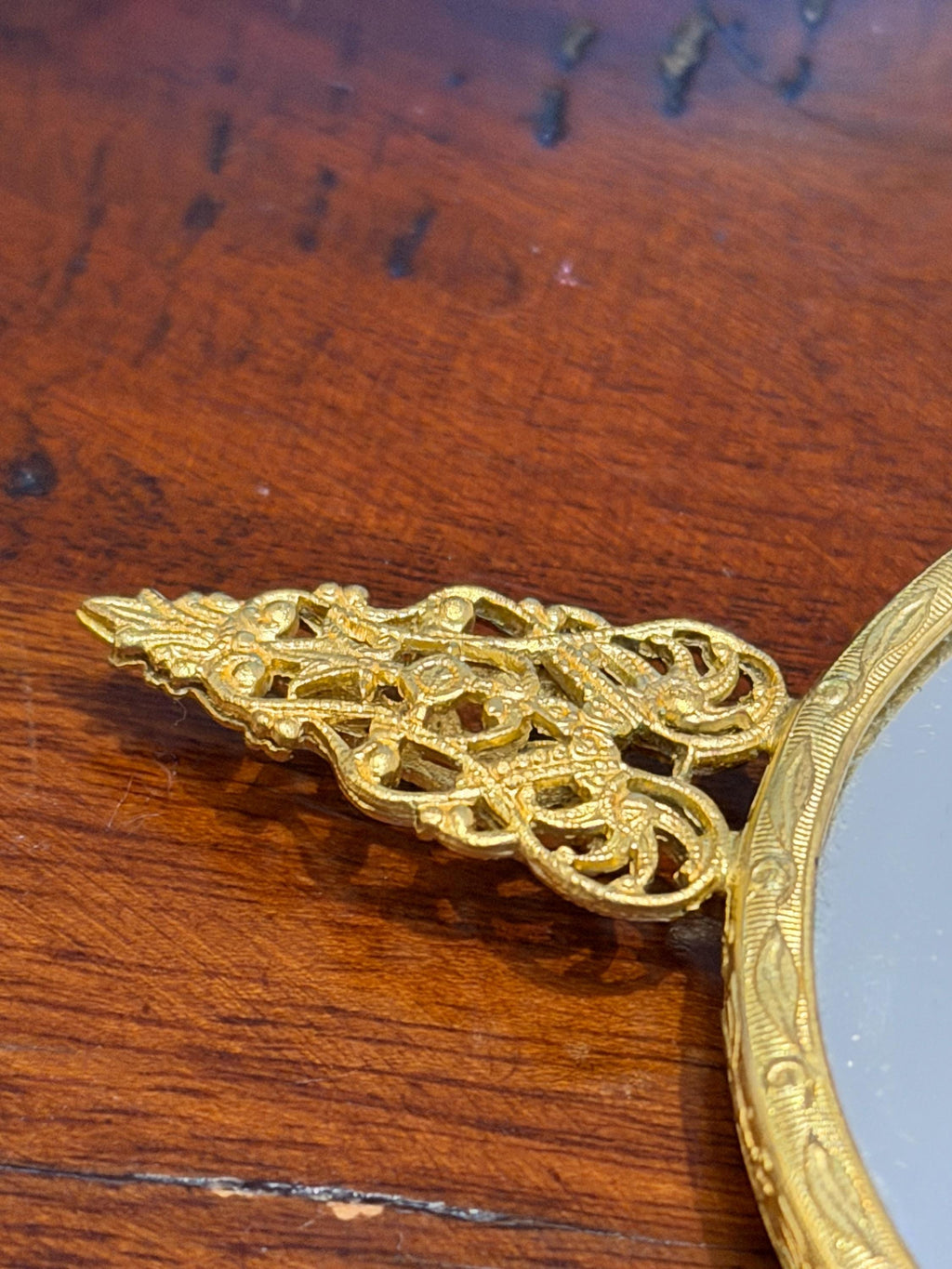 Vintage Gold Tone Hand Mirror  Floral Tapestry, Filigree Handle