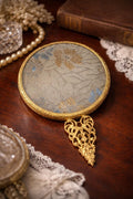 Vintage Gold Tone Hand Mirror  Floral Tapestry, Filigree Handle