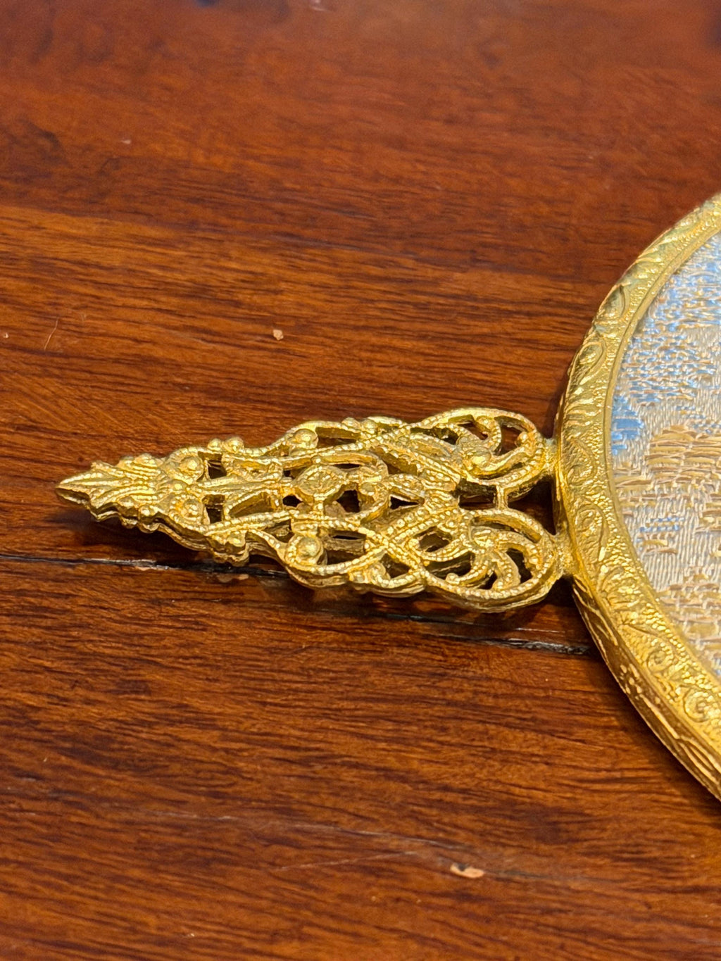 Vintage Gold Tone Hand Mirror  Floral Tapestry, Filigree Handle
