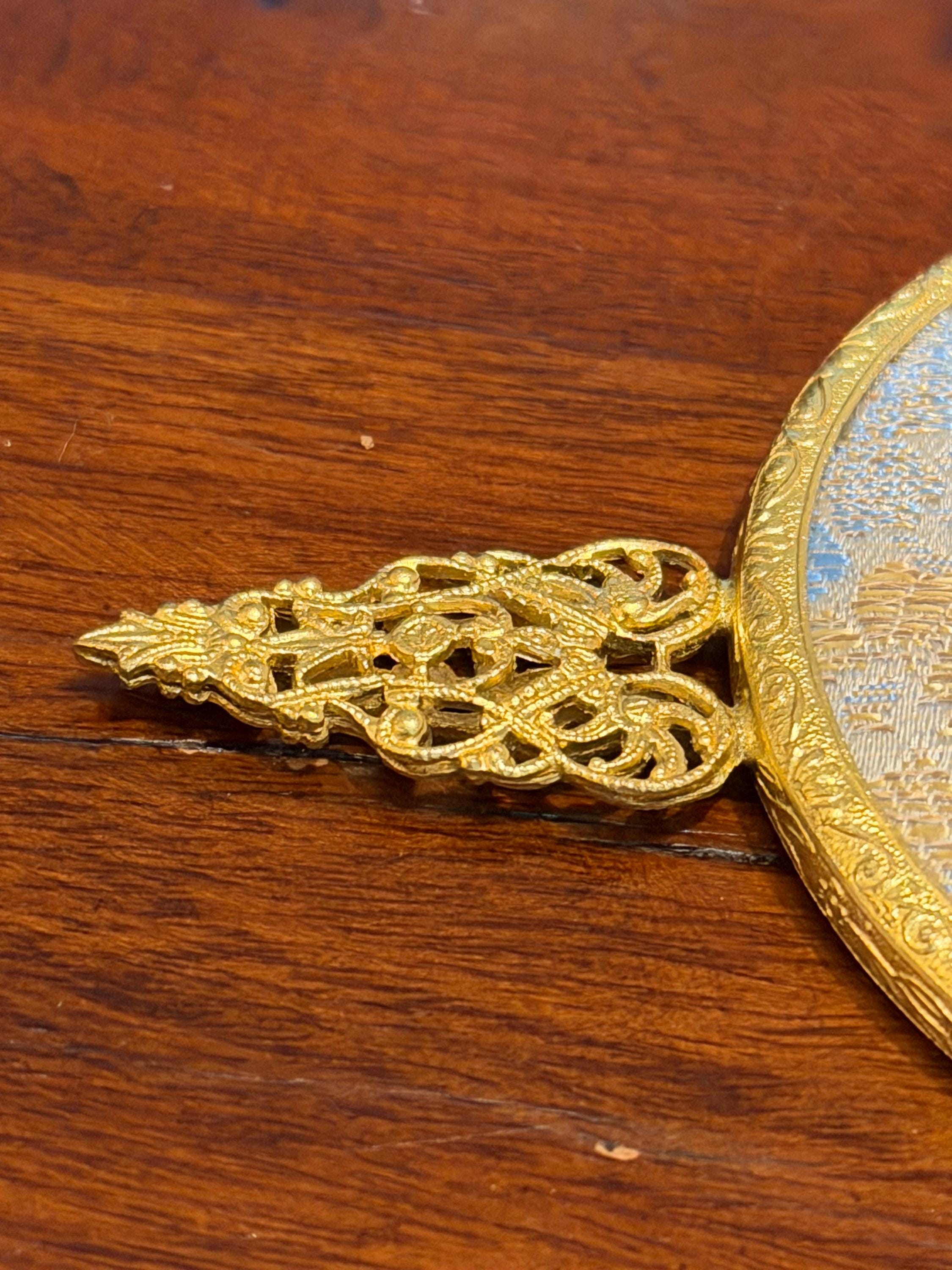 Vintage Gold Tone Hand Mirror  Floral Tapestry, Filigree Handle