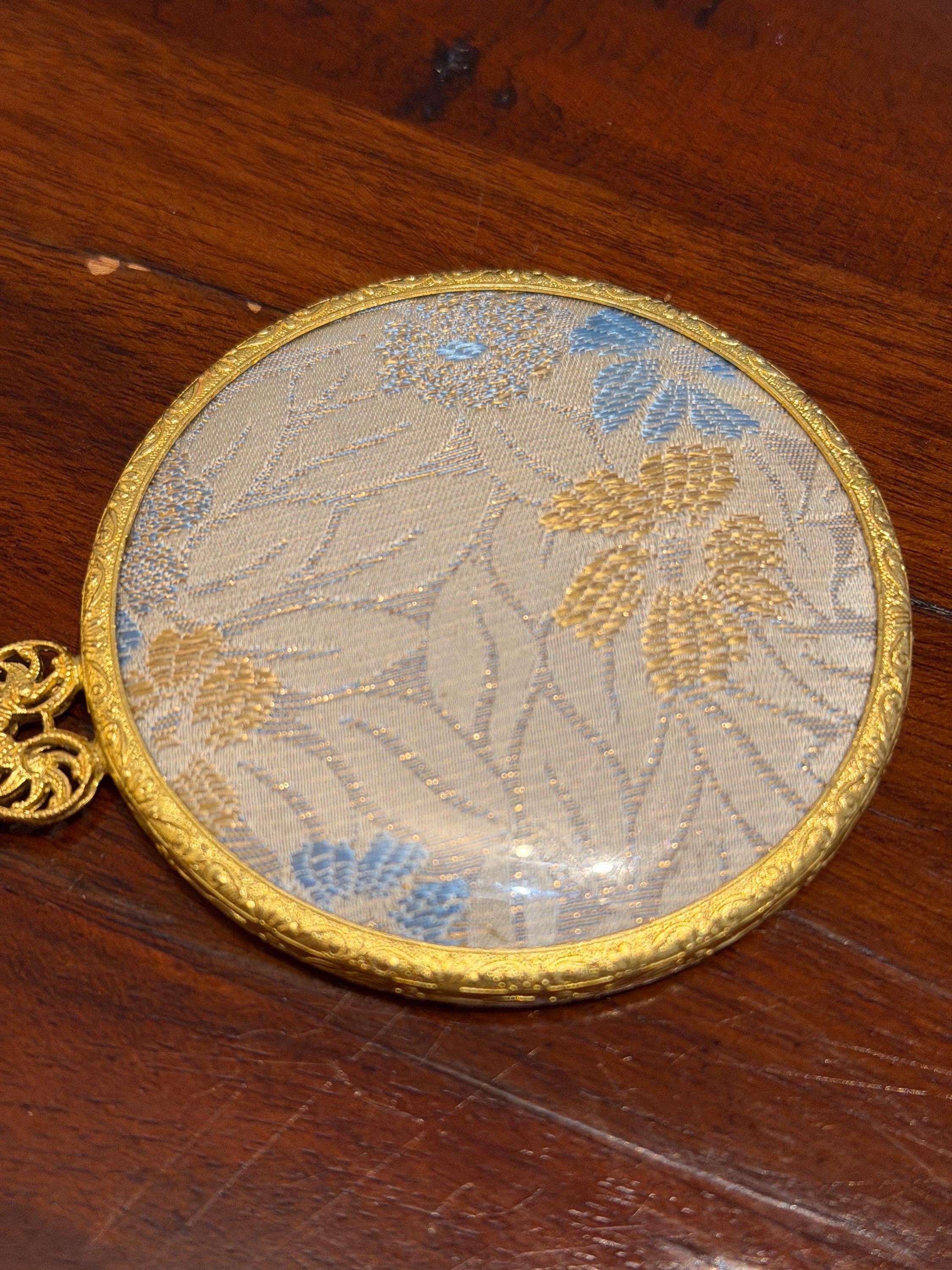 Vintage Gold Tone Hand Mirror  Floral Tapestry, Filigree Handle