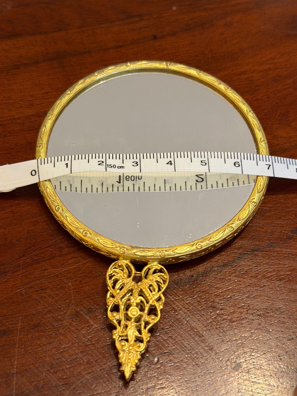 Vintage Gold Tone Hand Mirror  Floral Tapestry, Filigree Handle