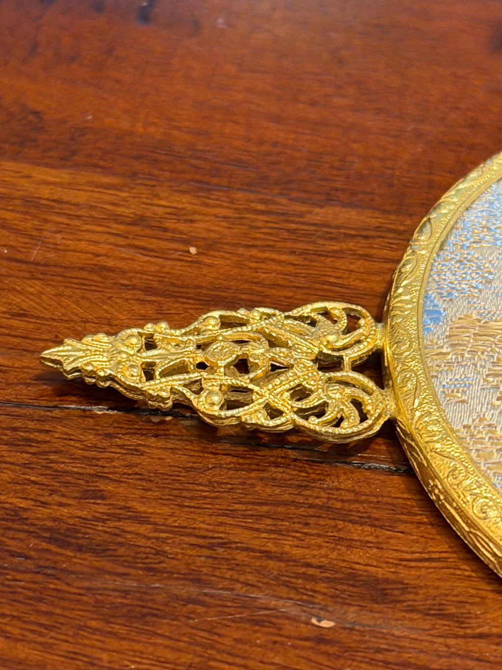 Vintage Gold Tone Hand Mirror  Floral Tapestry, Filigree Handle
