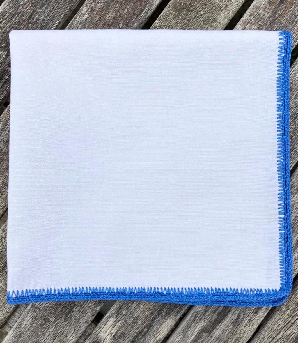 Vintage French Linen Napkins (Set of 5)  White with Blue Embroidery