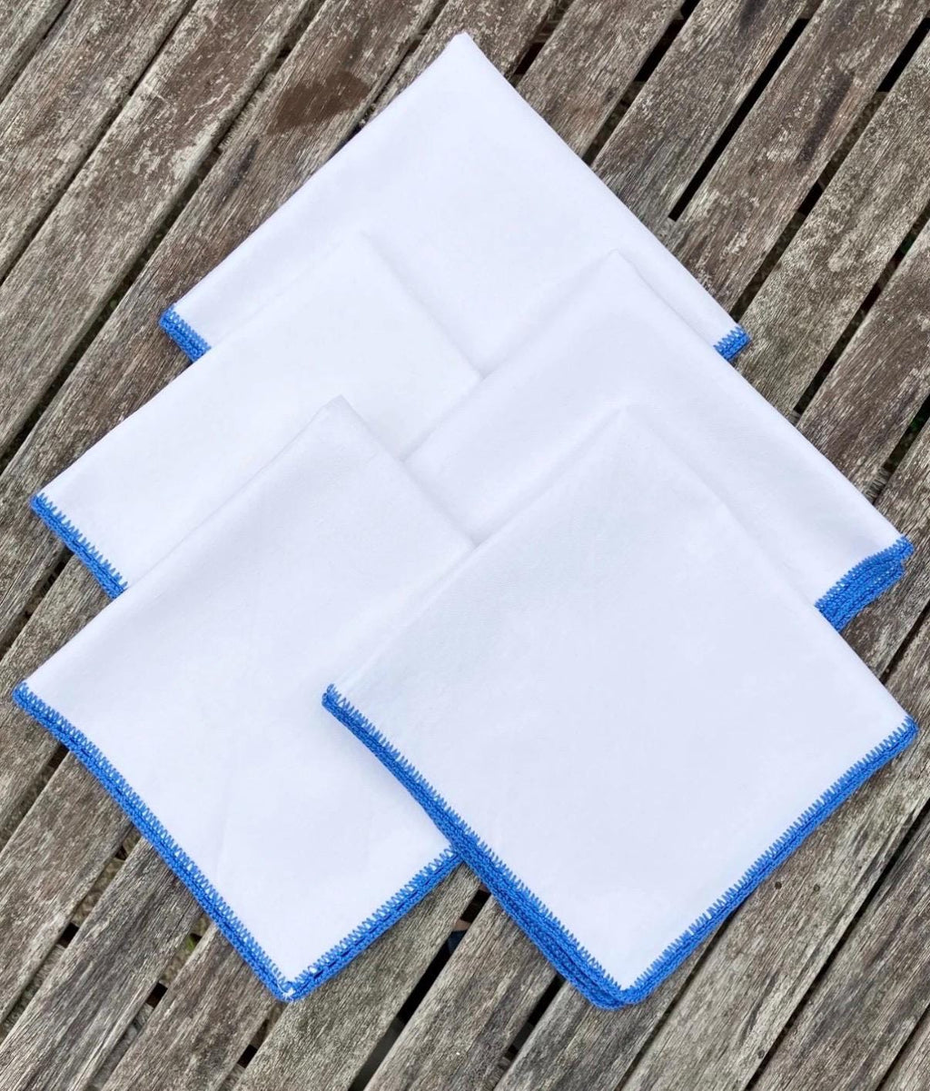 Vintage French Linen Napkins (Set of 5)  White with Blue Embroidery