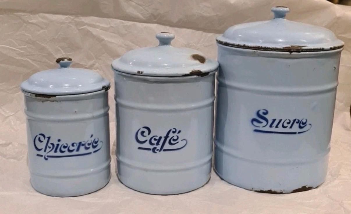 Vintage French Enamel Kitchen Tins Set of 3 Blue & White Pantry Canisters Farmhouse Storage Jars Country Kitchen Decor