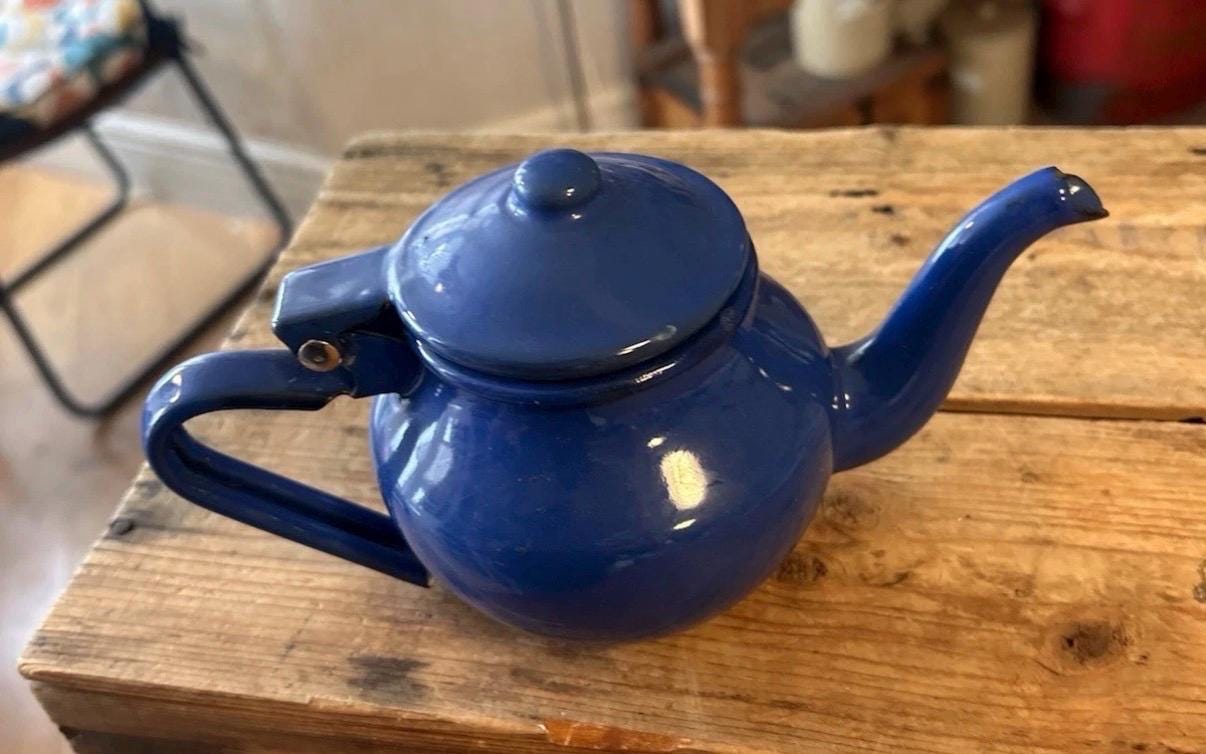 Vintage Blue Enamel Teapot | Small Rustic Kitchenalia, Farmhouse Decor