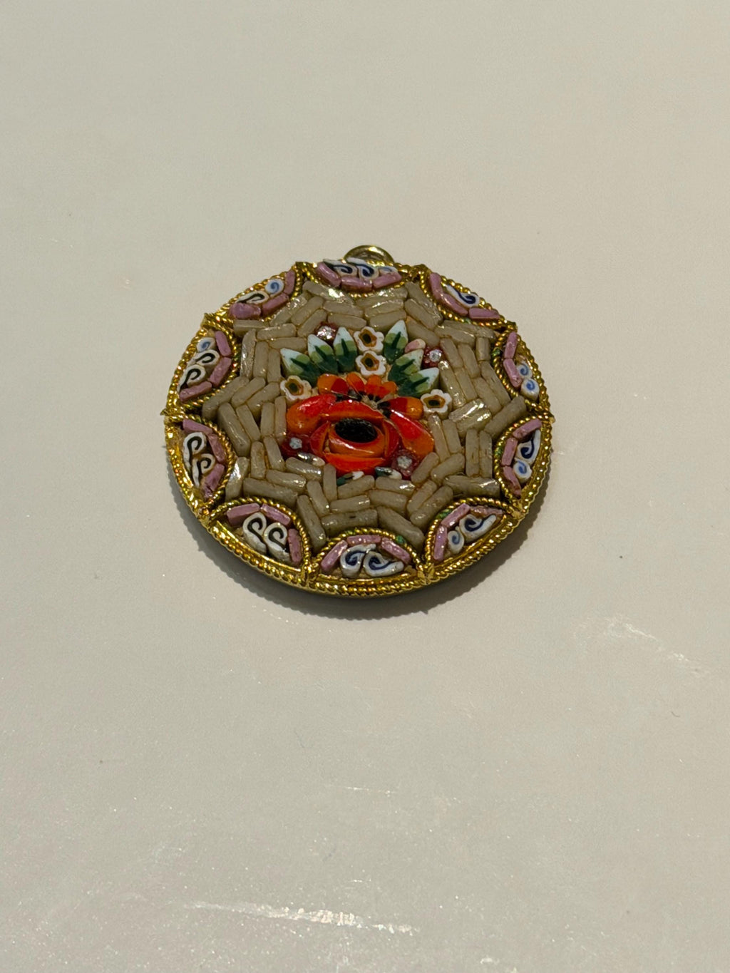 Vintage Micro Mosaic Pendant  Italian Floral Tesserae, Gilt Frame