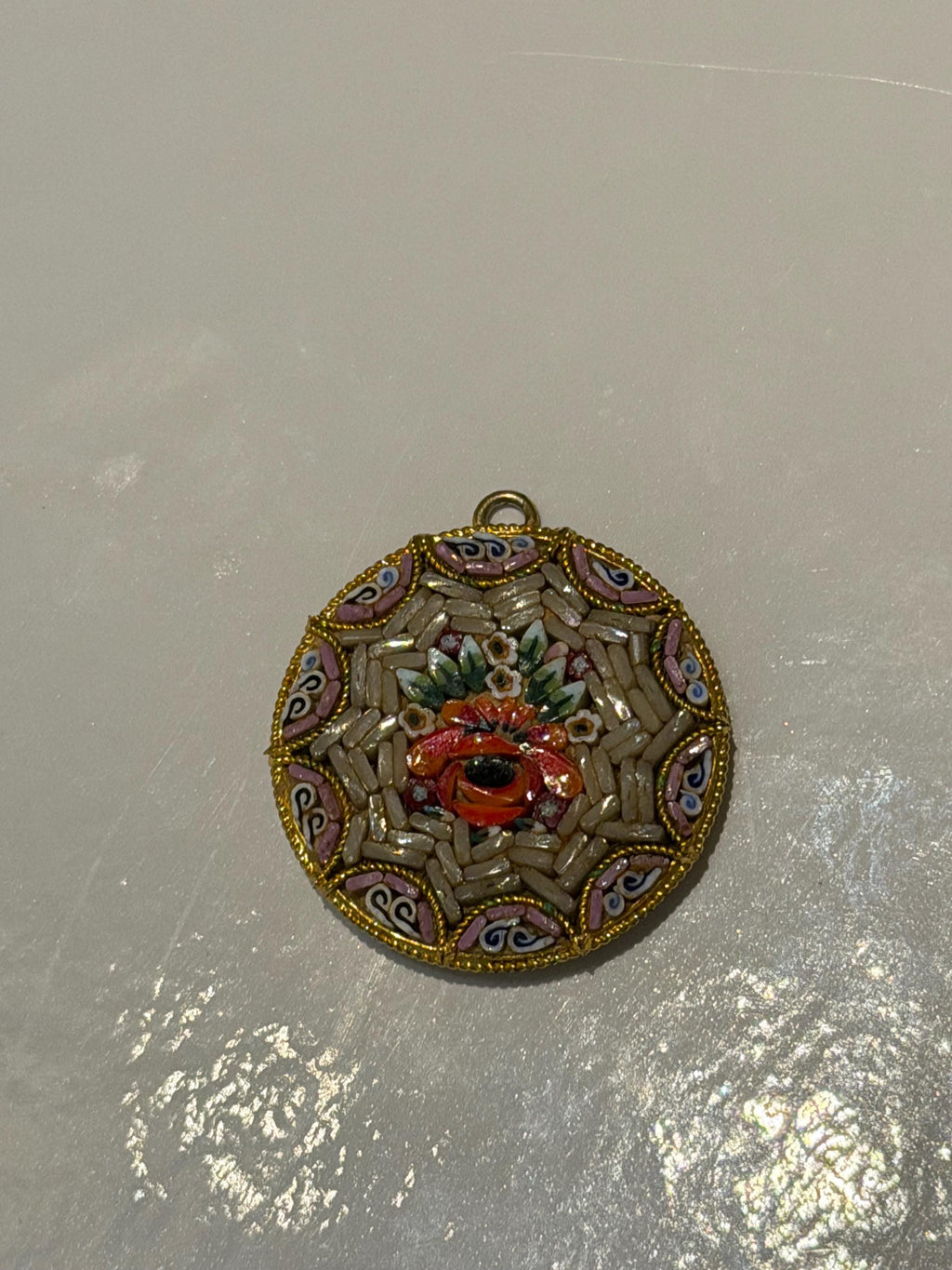 Vintage Micro Mosaic Pendant  Italian Floral Tesserae, Gilt Frame