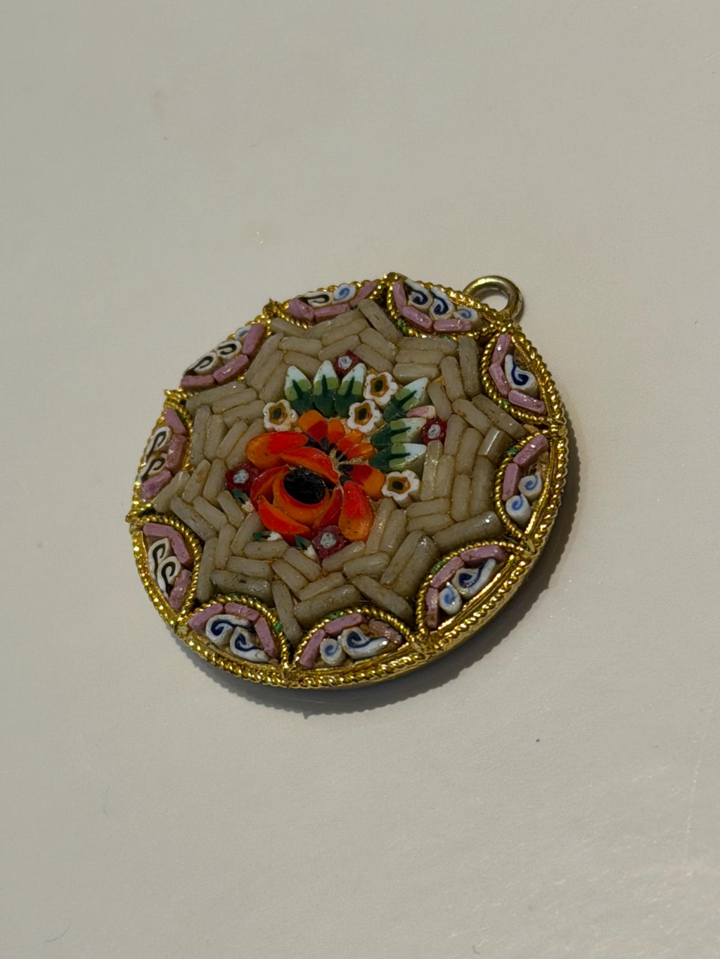 Vintage Micro Mosaic Pendant  Italian Floral Tesserae, Gilt Frame
