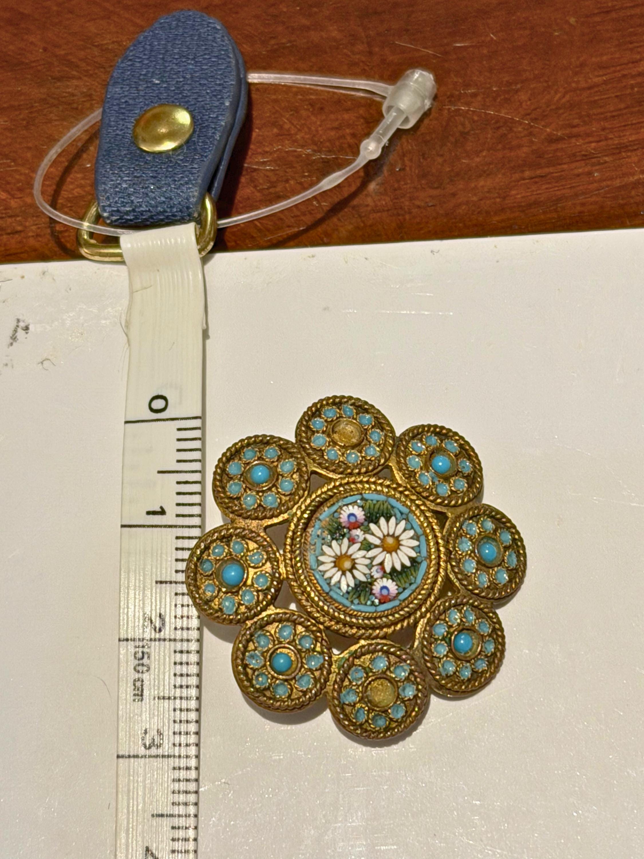 Vintage Italian Micro Mosaic Brooch  Daisy Floral, Turquoise Cabochon