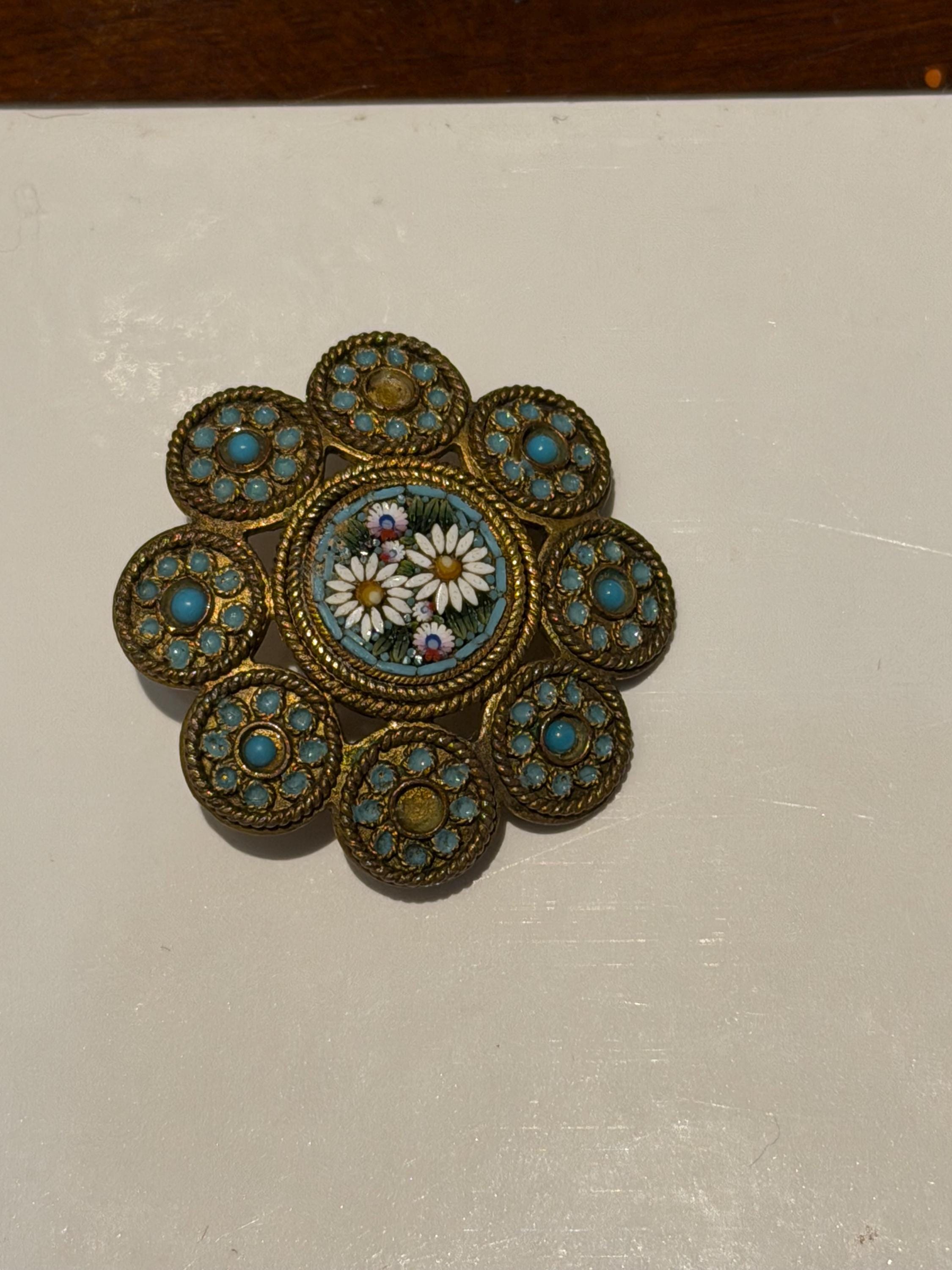 Vintage Italian Micro Mosaic Brooch  Daisy Floral, Turquoise Cabochon