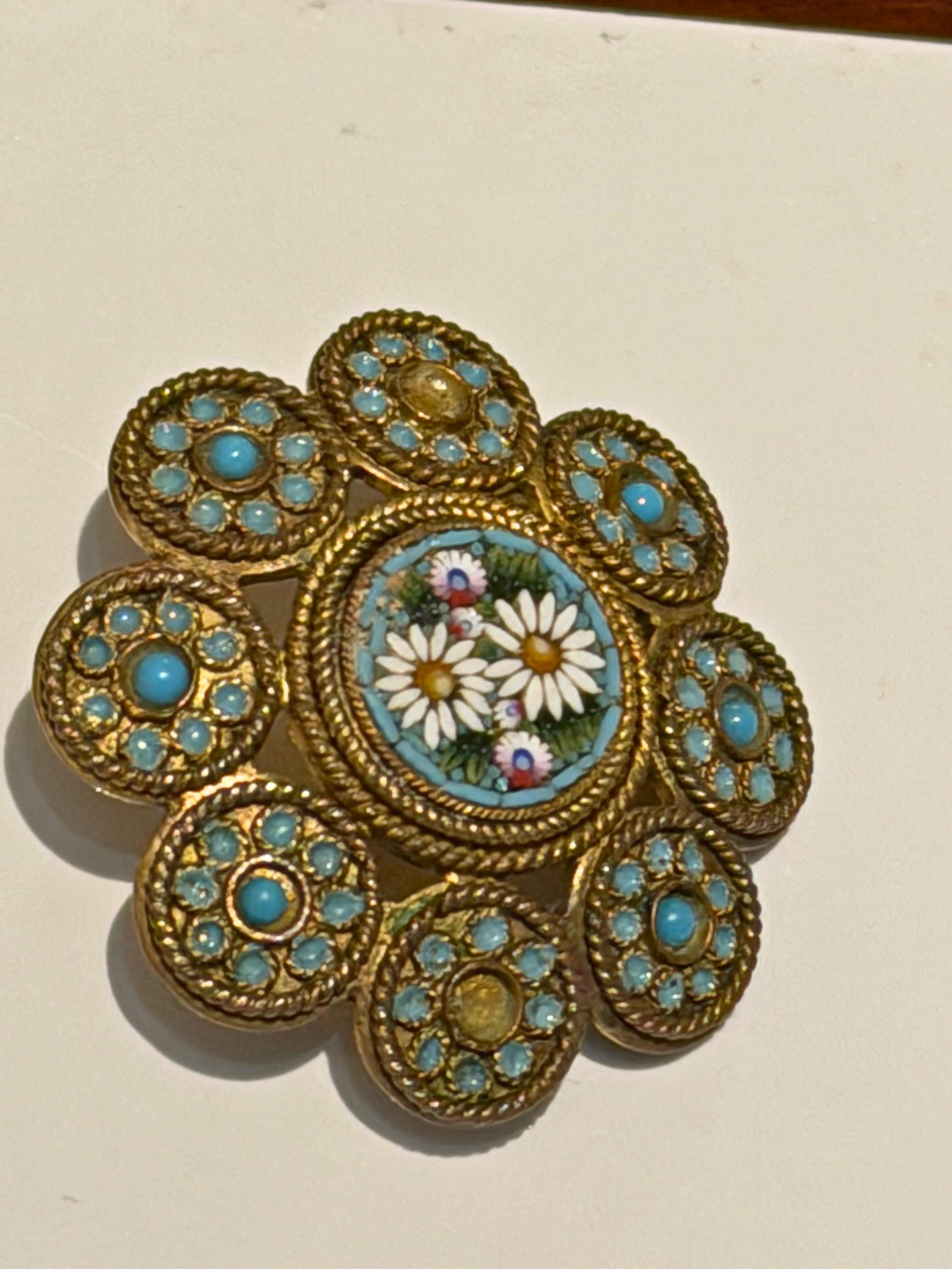 Vintage Italian Micro Mosaic Brooch  Daisy Floral, Turquoise Cabochon