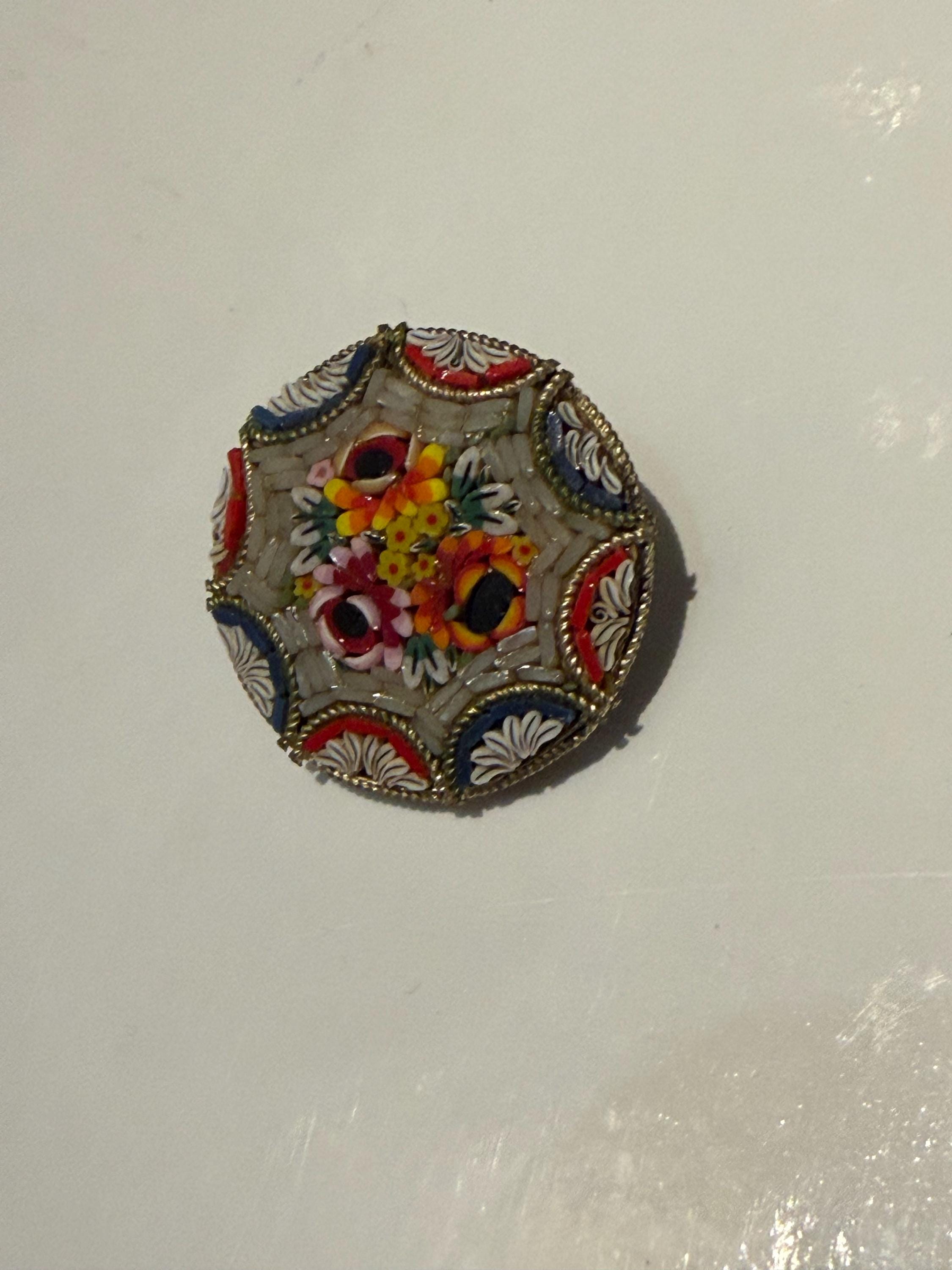 Vintage Italian Micro Mosaic Brooch  Floral Grand Tour Pin