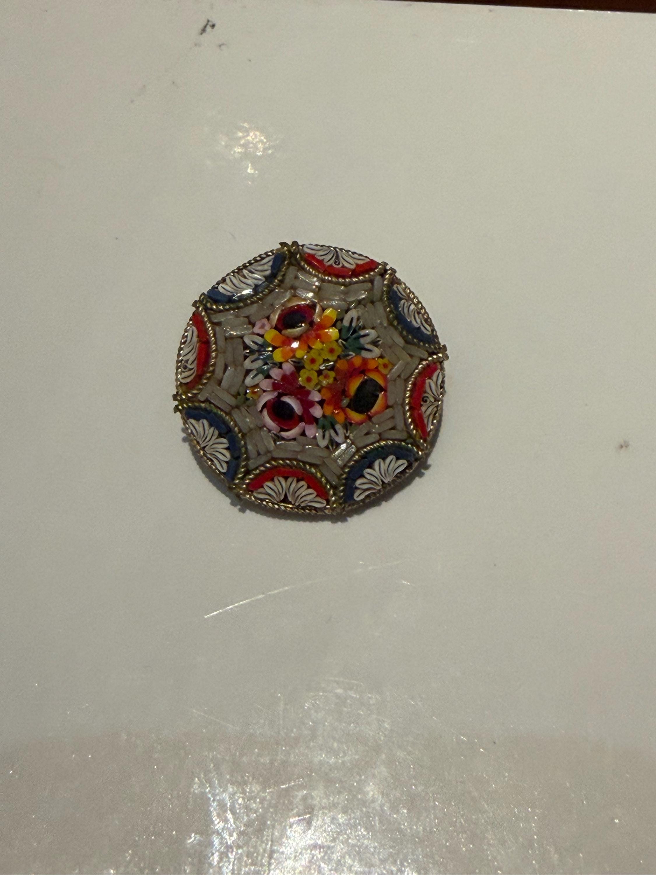 Vintage Italian Micro Mosaic Brooch  Floral Grand Tour Pin
