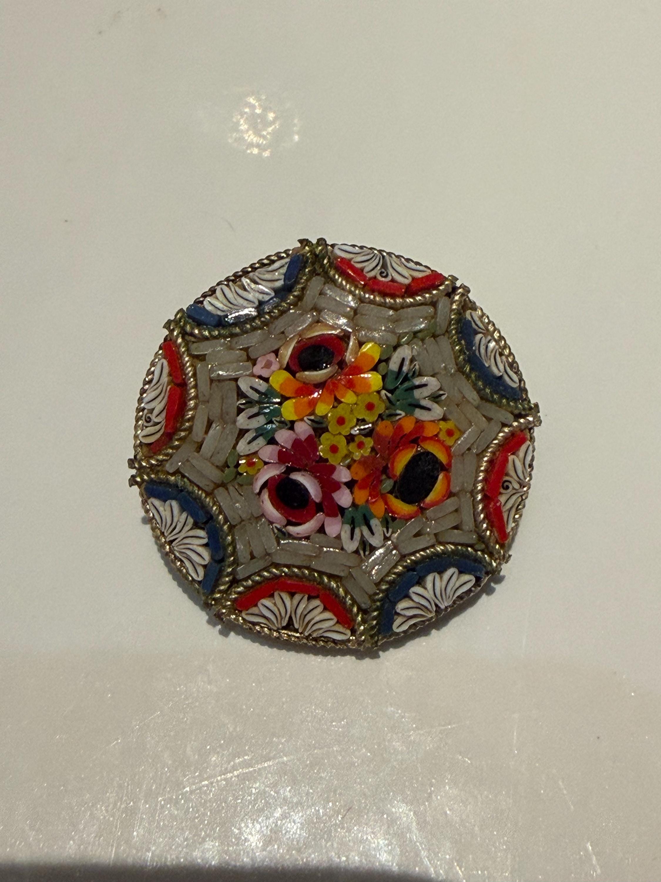 Vintage Italian Micro Mosaic Brooch  Floral Grand Tour Pin
