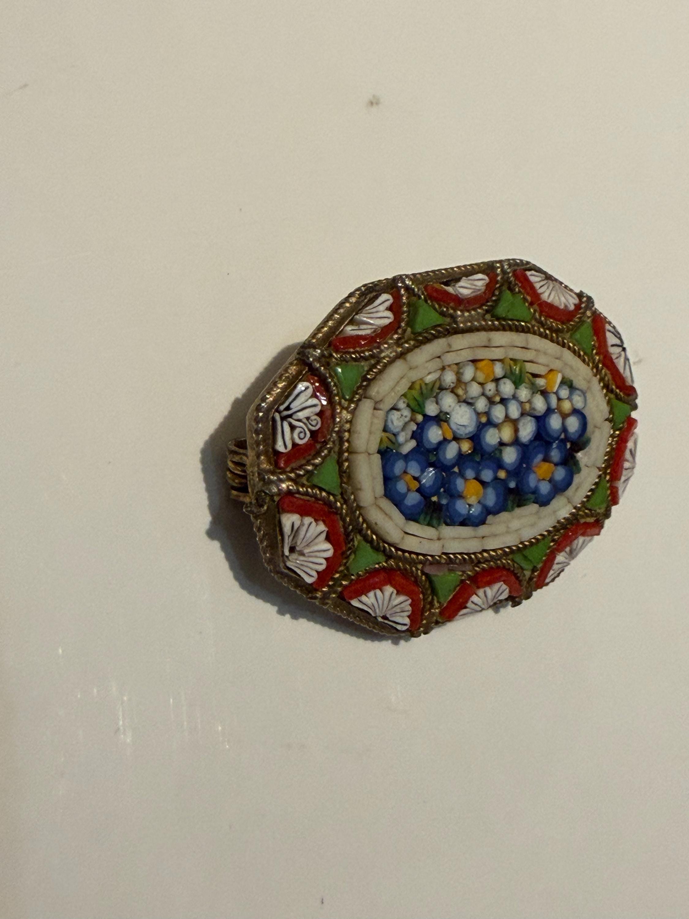 Vintage Italian Micro Mosaic Brooch, Forget-Me-Not Floral Pin