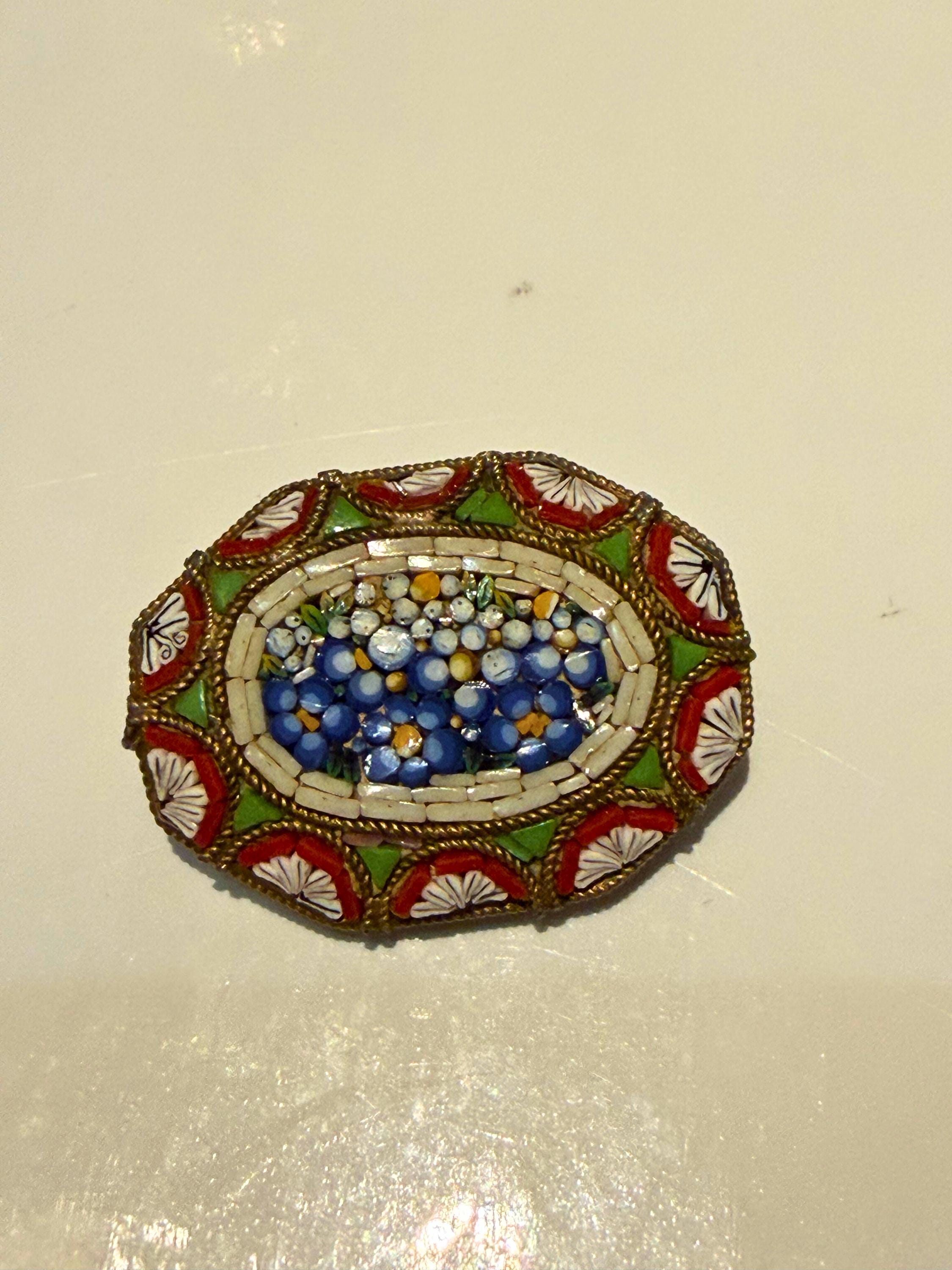 Vintage Italian Micro Mosaic Brooch, Forget-Me-Not Floral Pin