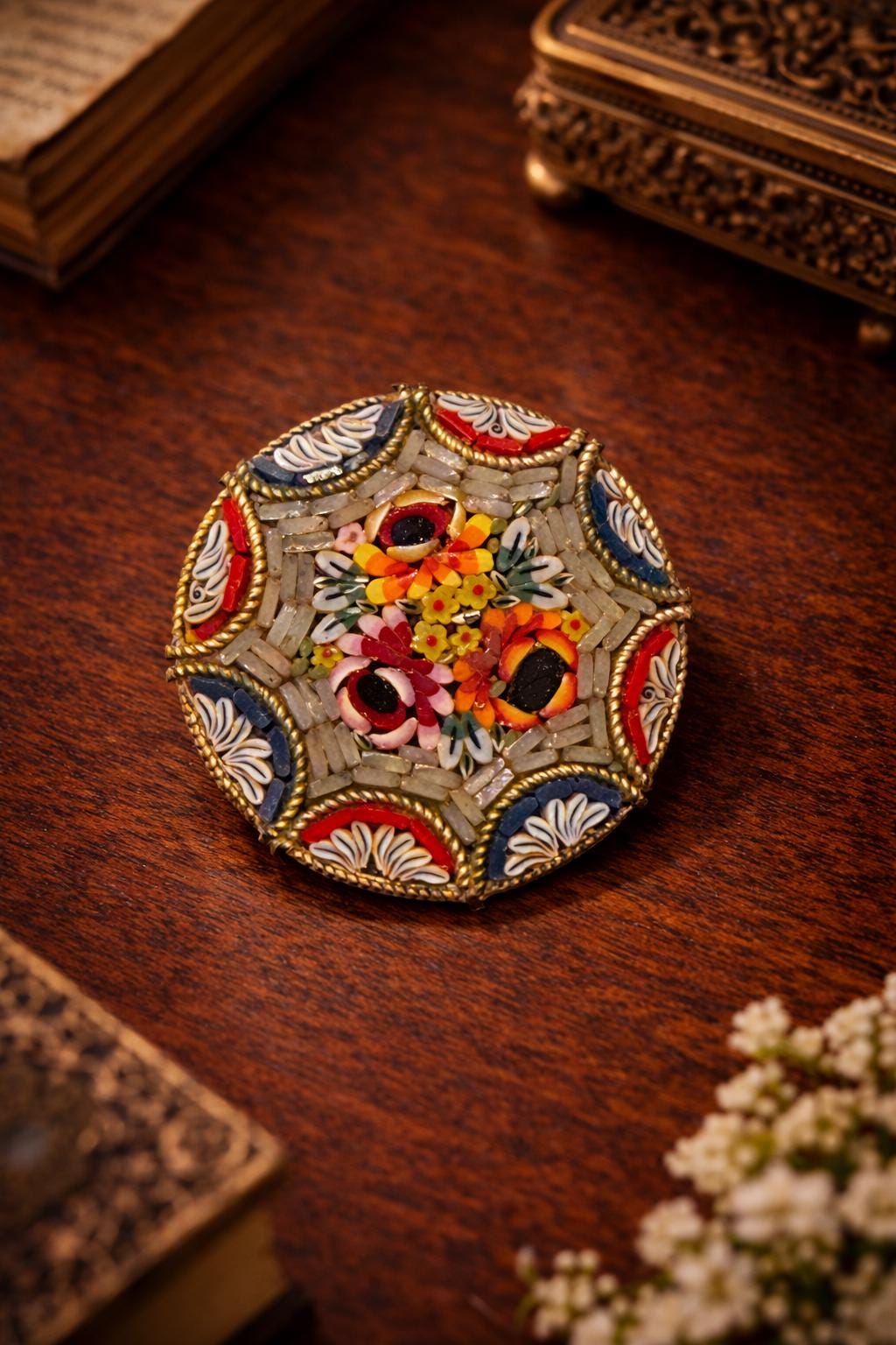 Vintage Italian Micro Mosaic Brooch  Floral Grand Tour Pin