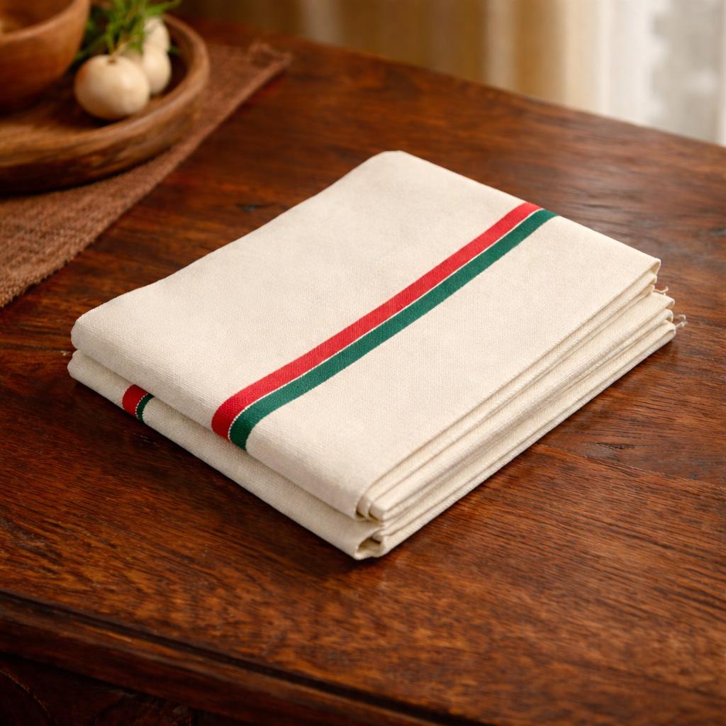 Vintage French Linen Tea Towel  Red & Green Stripe Torchon, Farmhouse Kitchen