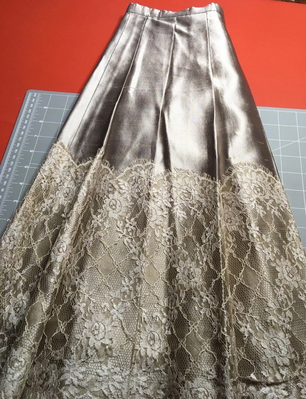 Vintage Champagne Gold Satin Skirt  Pleated Midi with Lace Hem, Small